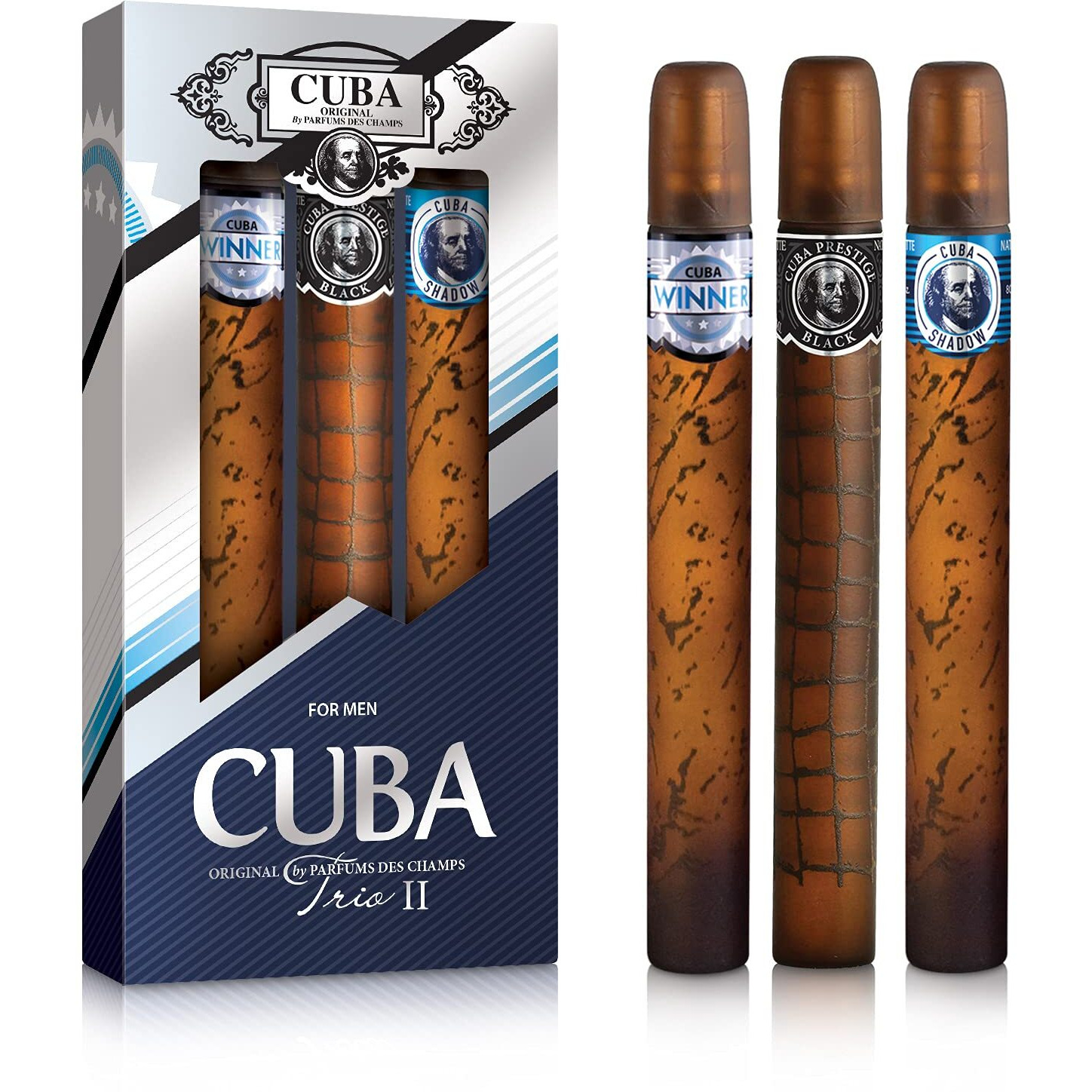 Cuba Trio 2 by Cuba for Men - 3 Pc Gift Set 1.17oz Cuba Winner EDT Spray, 1.17oz Cuba Shadow EDT Spray, 1.17oz Cuba Prestige Black EDT Spray