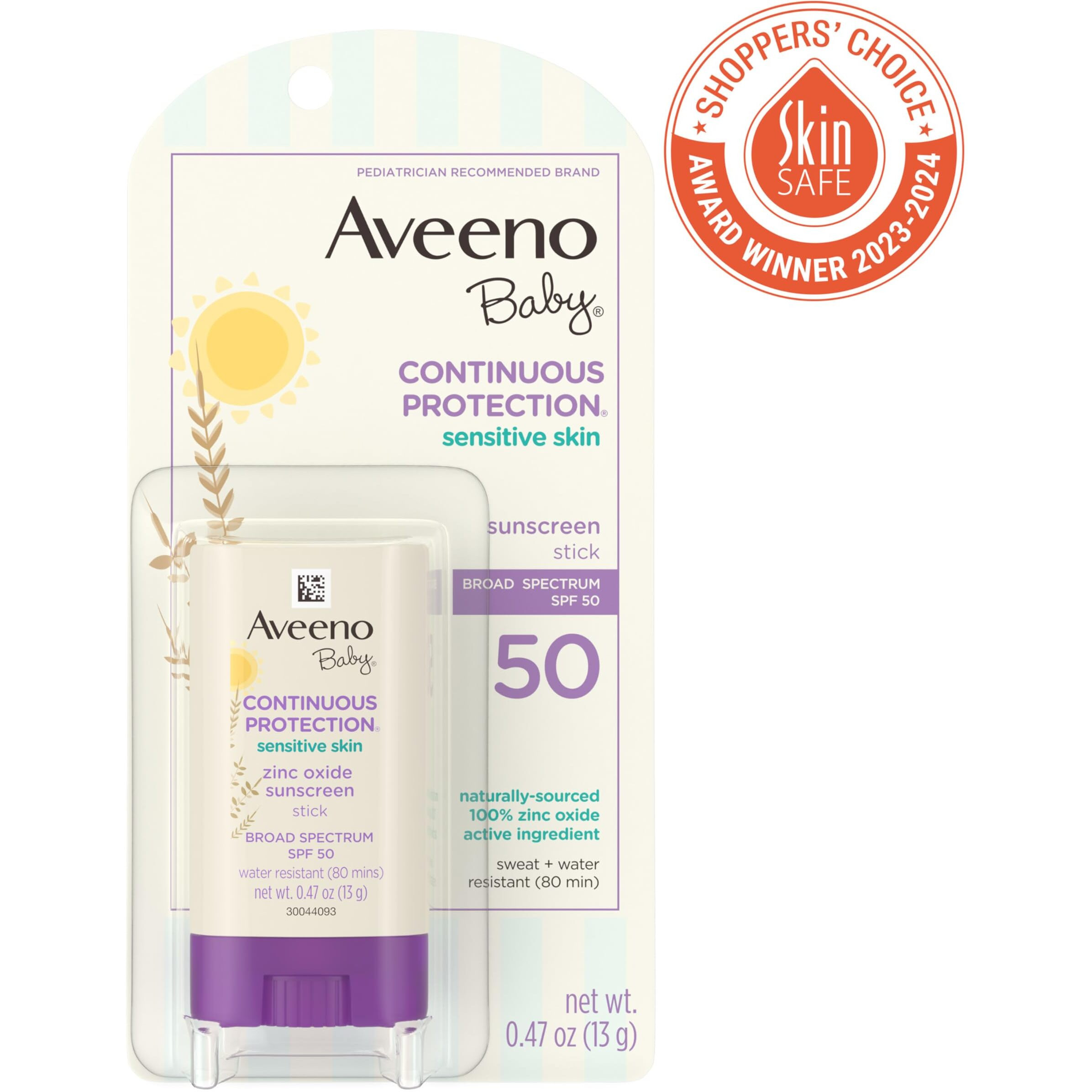 Aveeno Baby Continuous Protection Mineral Sunscreen Stick for Sensitive Skin with Broad Spectrum SPF 50 Protection for Face & Body, Naturally Sourced 100% Zinc Oxide, Travel Size, 0.47 oz