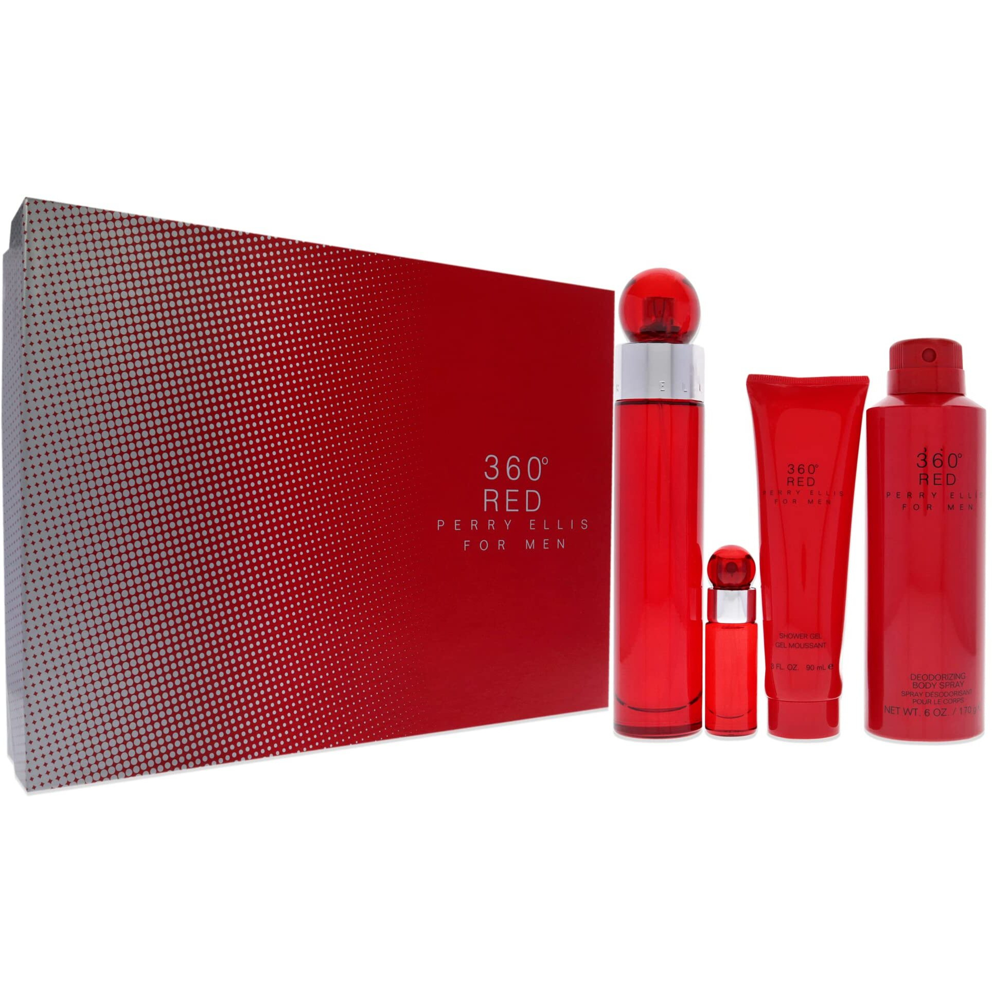 360 Red by Perry Ellis for Men - 4 Pc Gift Set 3.4oz EDT Spray, 6oz Body Spray, 3oz Shower Gel, 7.5ml EDT Spray