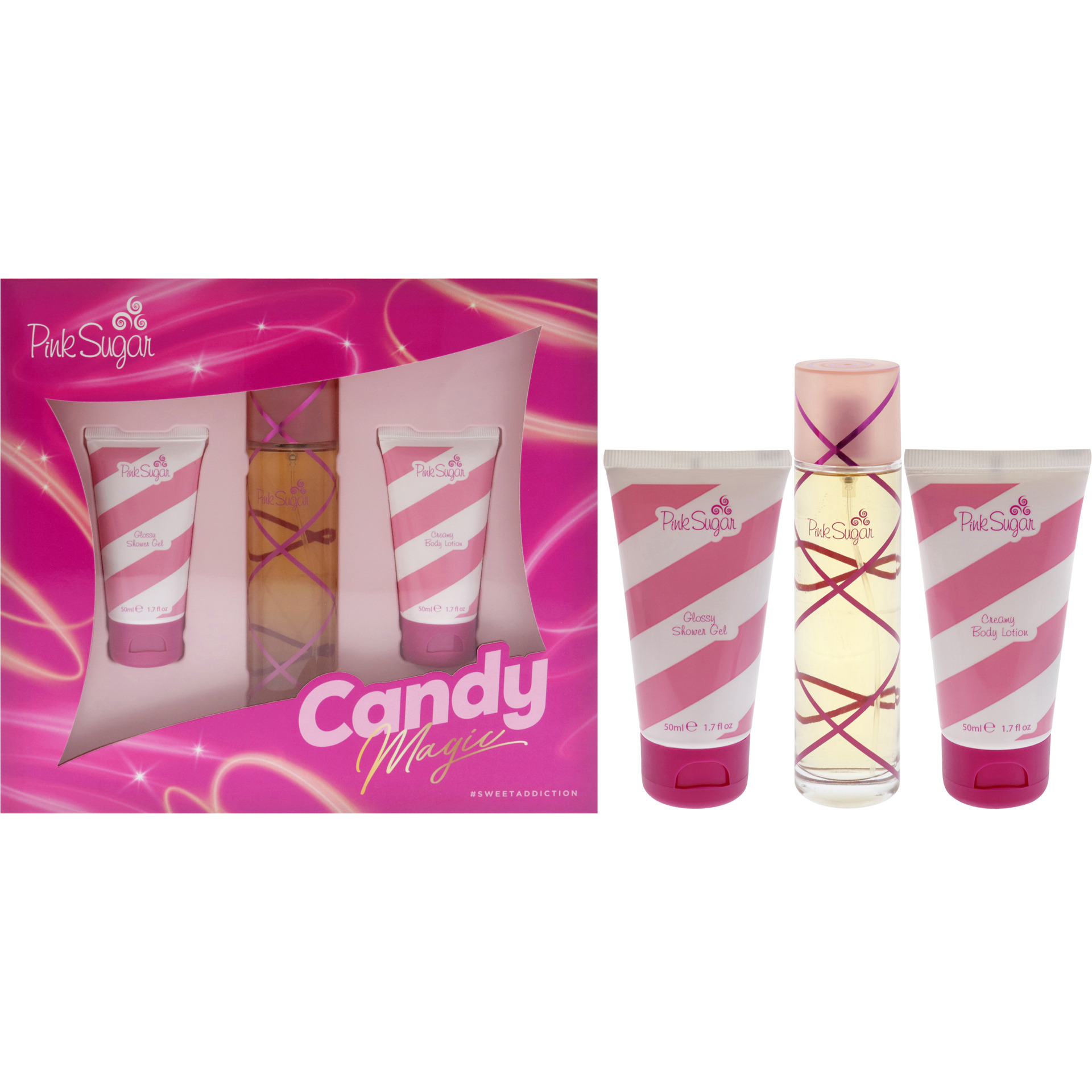 Pink Sugar Candy Magic by Aquolina for Women - 3 Pc Gift Set 3.4oz EDT Spray, 1.7oz Glossy Shower Gel, 1.7oz Creamy Body Lotion