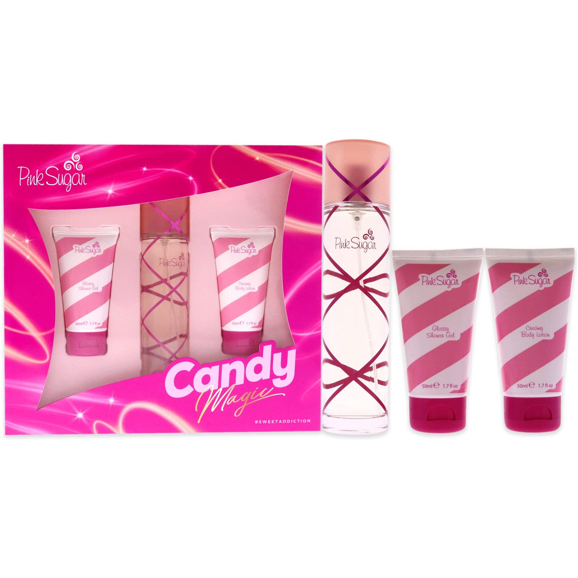 Pink Sugar Candy Magic by Aquolina for Women - 3 Pc Gift Set 3.4oz EDT Spray, 1.7oz Glossy Shower Gel, 1.7oz Creamy Body Lotion