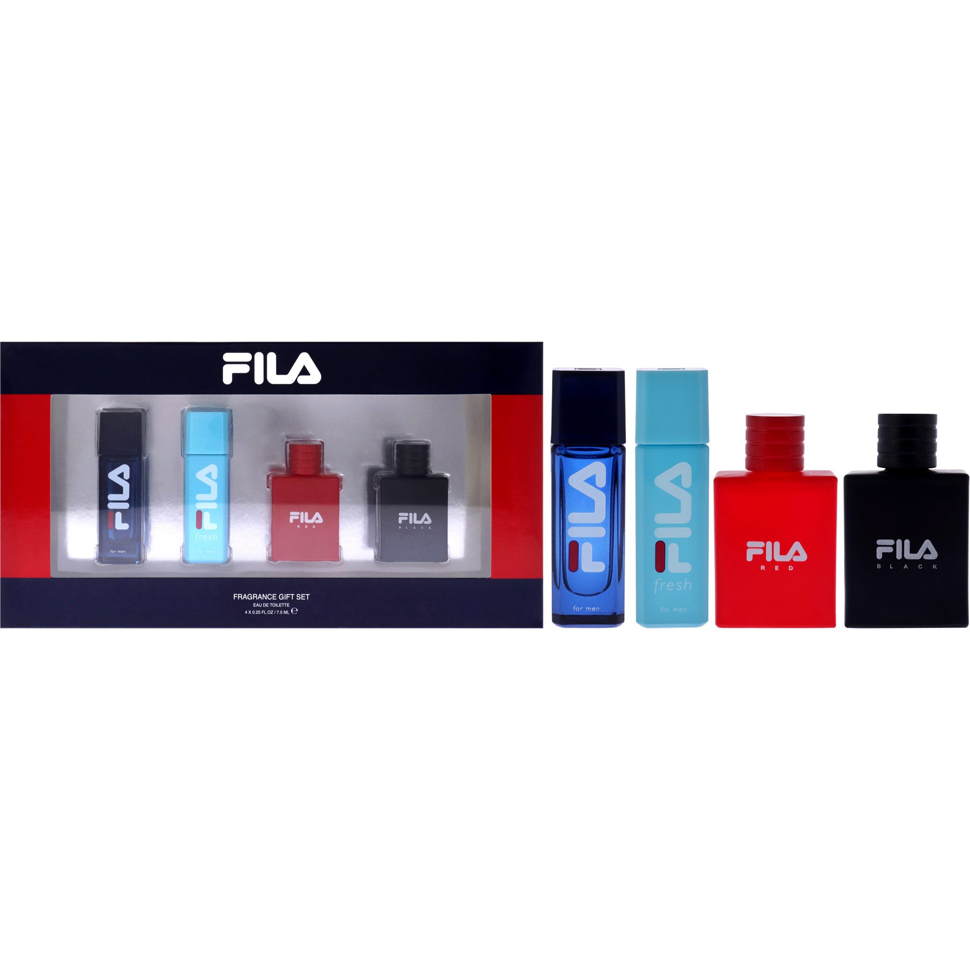 Fila Variety Set by Fila for Men - 4 Pc Mini Gift Set 0.25oz Fila EDT Spray, 0.25oz Fila Fresh EDT Spray, 0.25oz Fila Black EDT Spray, 0.25oz Fila Red EDT Spray