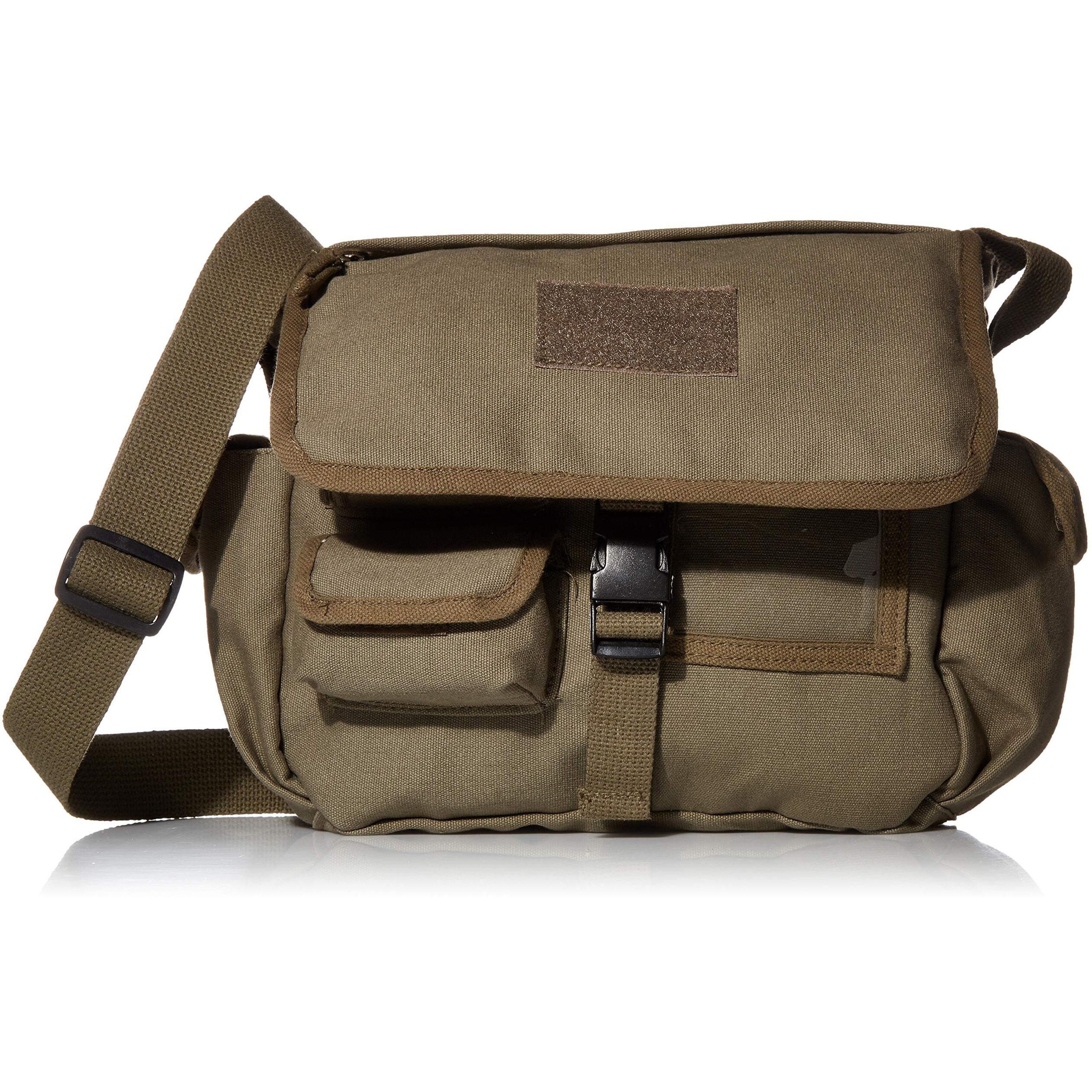 Retro Messenger Bag With Skull Emblem - Olive Drab