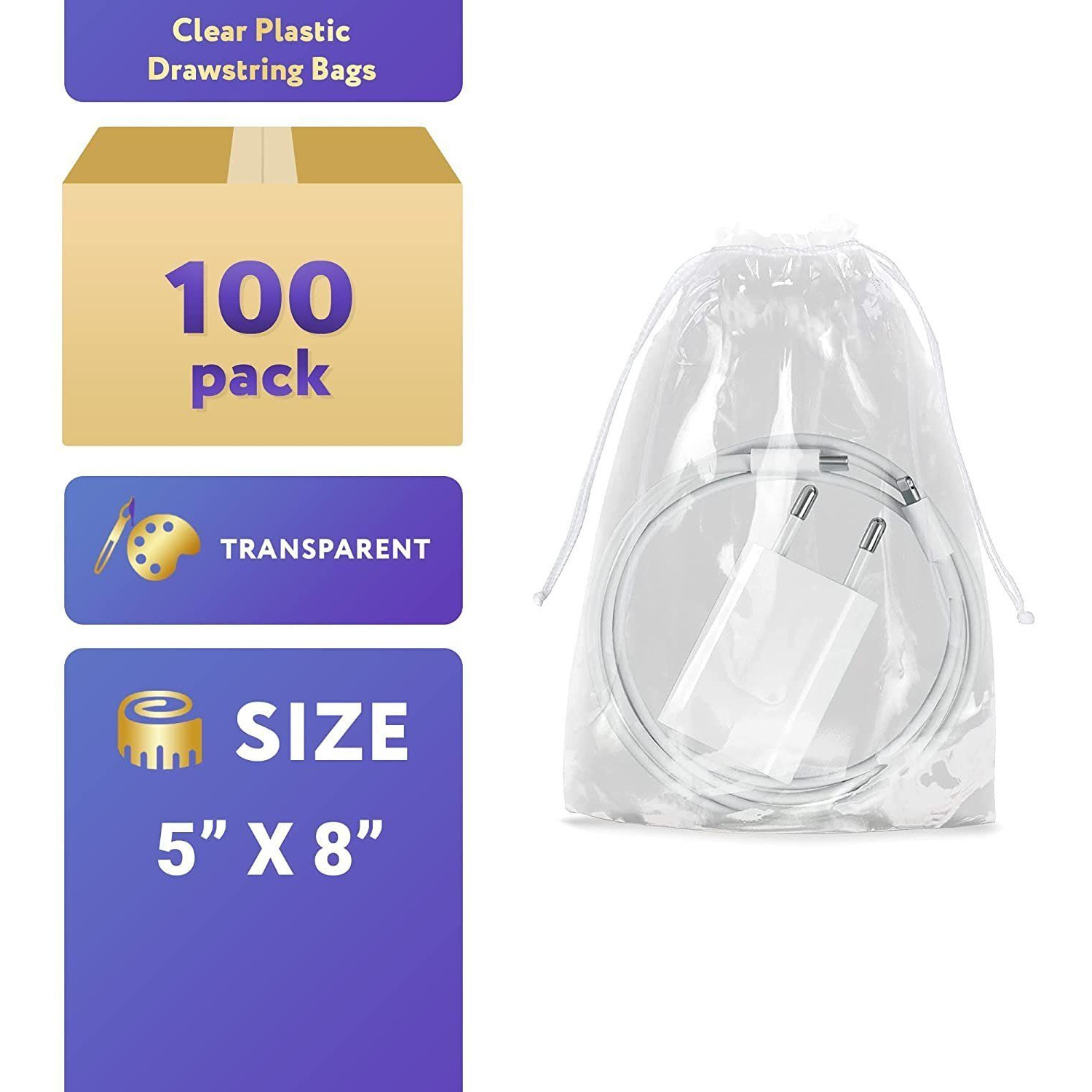 APQ clear Plastic Drawstring Bags 5 x 8 Pack of 100 clear Bags for gifts 2 Mil Polyethylene Drawstring gift Bags Water-Resistant Plastic Shoe Bags 5x8 for Travel with Double cotton Drawstrings(D0102H9FEYA)