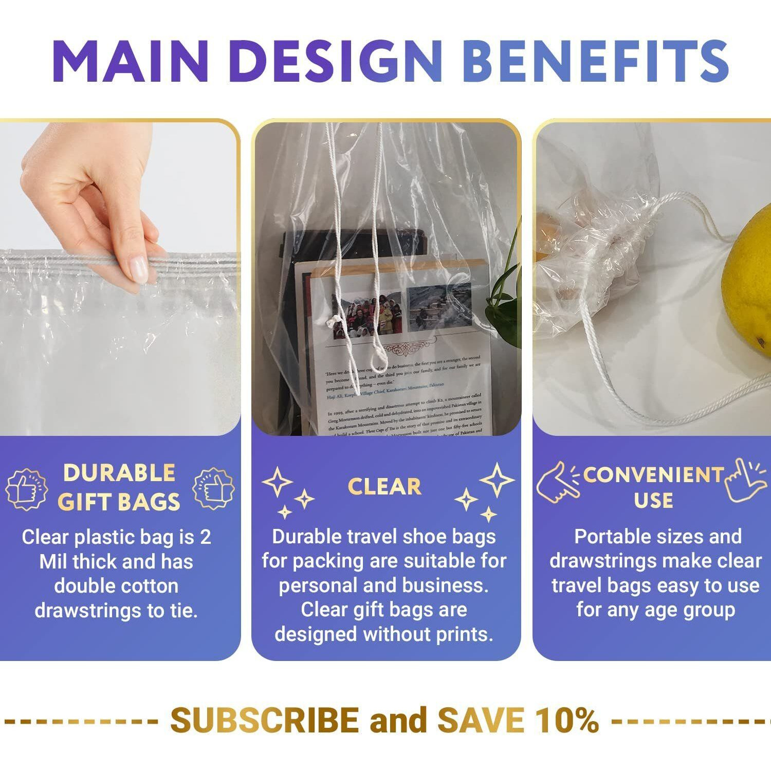 APQ clear Plastic Drawstring Bags 5 x 8 Pack of 100 clear Bags for gifts 2 Mil Polyethylene Drawstring gift Bags Water-Resistant Plastic Shoe Bags 5x8 for Travel with Double cotton Drawstrings(D0102H9FEYA)