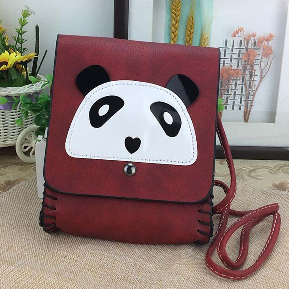 Wine Red Handmade PU Leather Panda Shoulder Crossbody Bag Cell Phone Bag Mini Bag