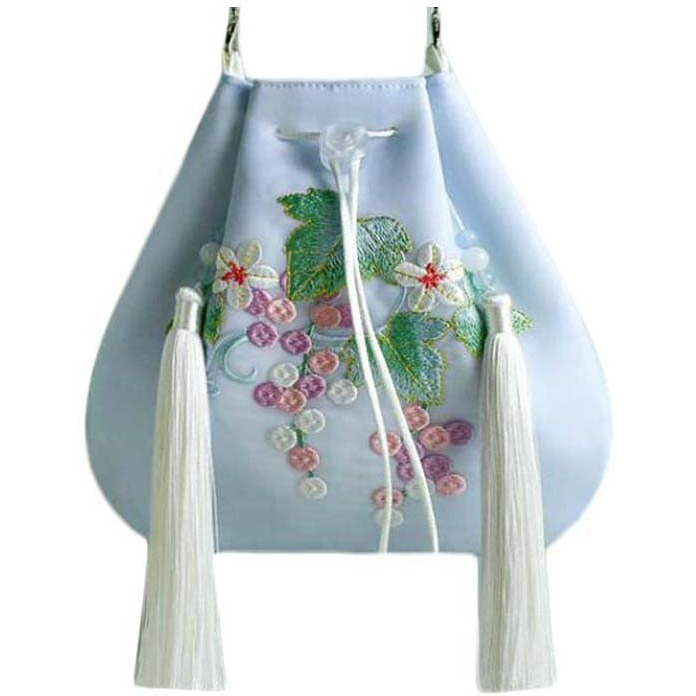 Blue Hanfu Crossbody Bag Grape Embroidery Handbag Chinese Style Mini Mobile Canvas Purse