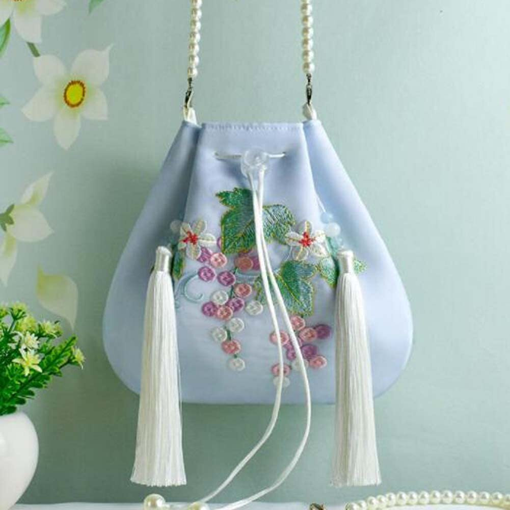 Blue Hanfu Crossbody Bag Grape Embroidery Handbag Chinese Style Mini Mobile Canvas Purse