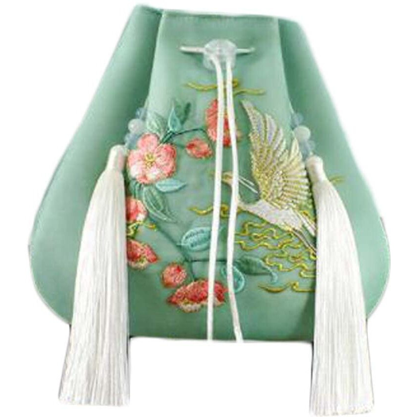 Green Hanfu Crossbody Bag Egret Embroidery Handbag Chinese Style Mini Mobile Canvas Purse