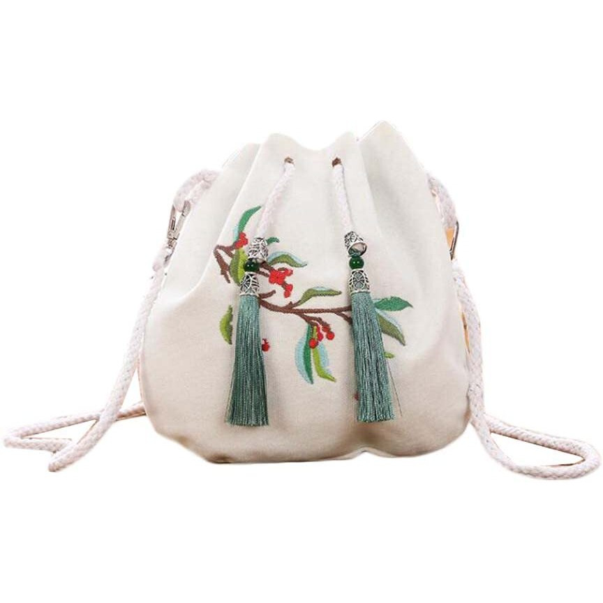 White Chinese Style Hanfu Bag Crossbody Bag Ormosia Embroidery Shoulder Bag Tassel Cell Phone Drawstring Bucket Bag