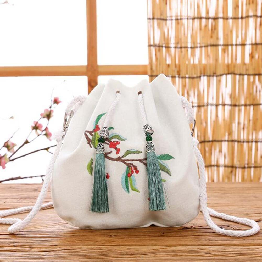 White Chinese Style Hanfu Bag Crossbody Bag Ormosia Embroidery Shoulder Bag Tassel Cell Phone Drawstring Bucket Bag