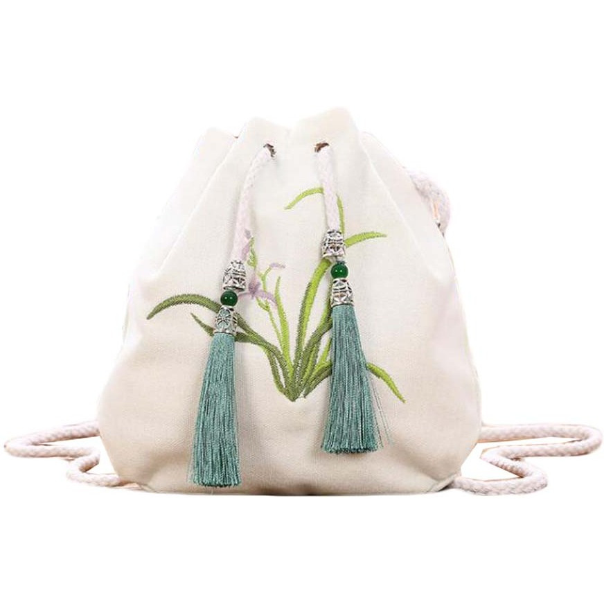 White Chinese Style Hanfu Bag Crossbody Bag Orchid Embroidery Shoulder Bag Tassel Cell Phone Drawstring Bucket Bag