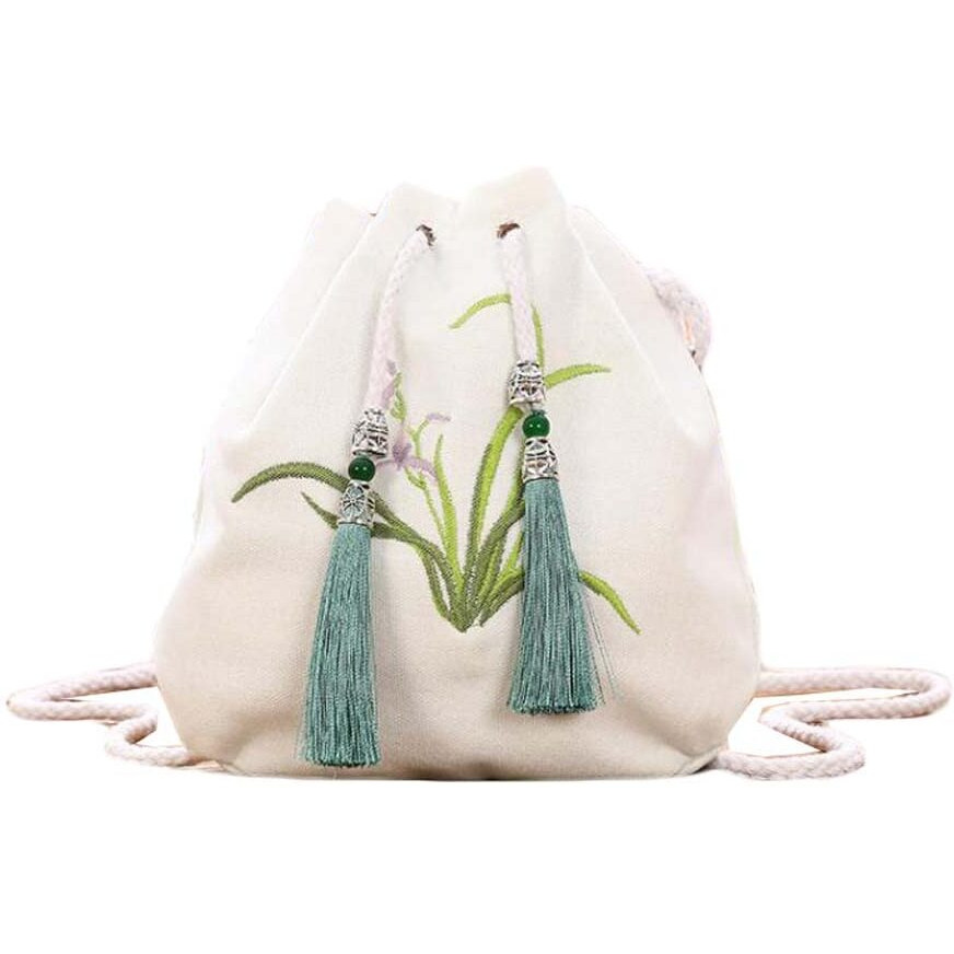 White Chinese Style Hanfu Bag Crossbody Bag Orchid Embroidery Shoulder Bag Tassel Cell Phone Drawstring Bucket Bag