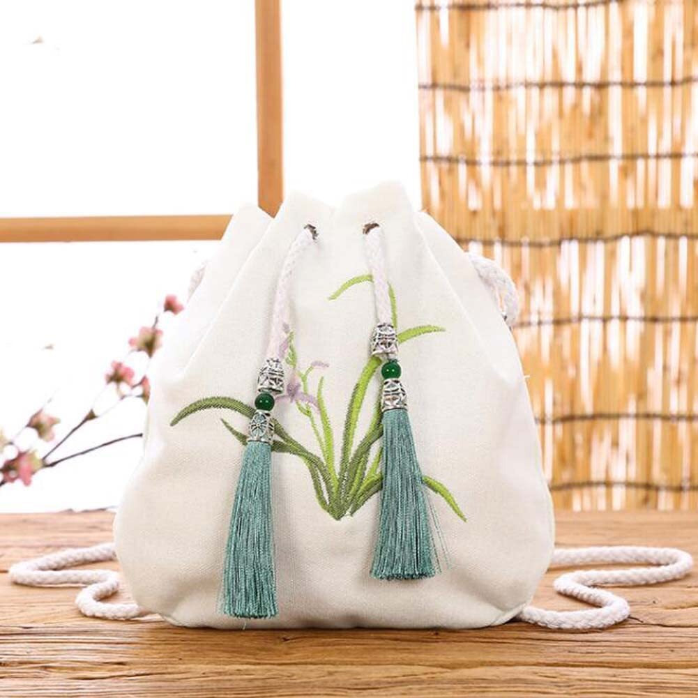 White Chinese Style Hanfu Bag Crossbody Bag Orchid Embroidery Shoulder Bag Tassel Cell Phone Drawstring Bucket Bag
