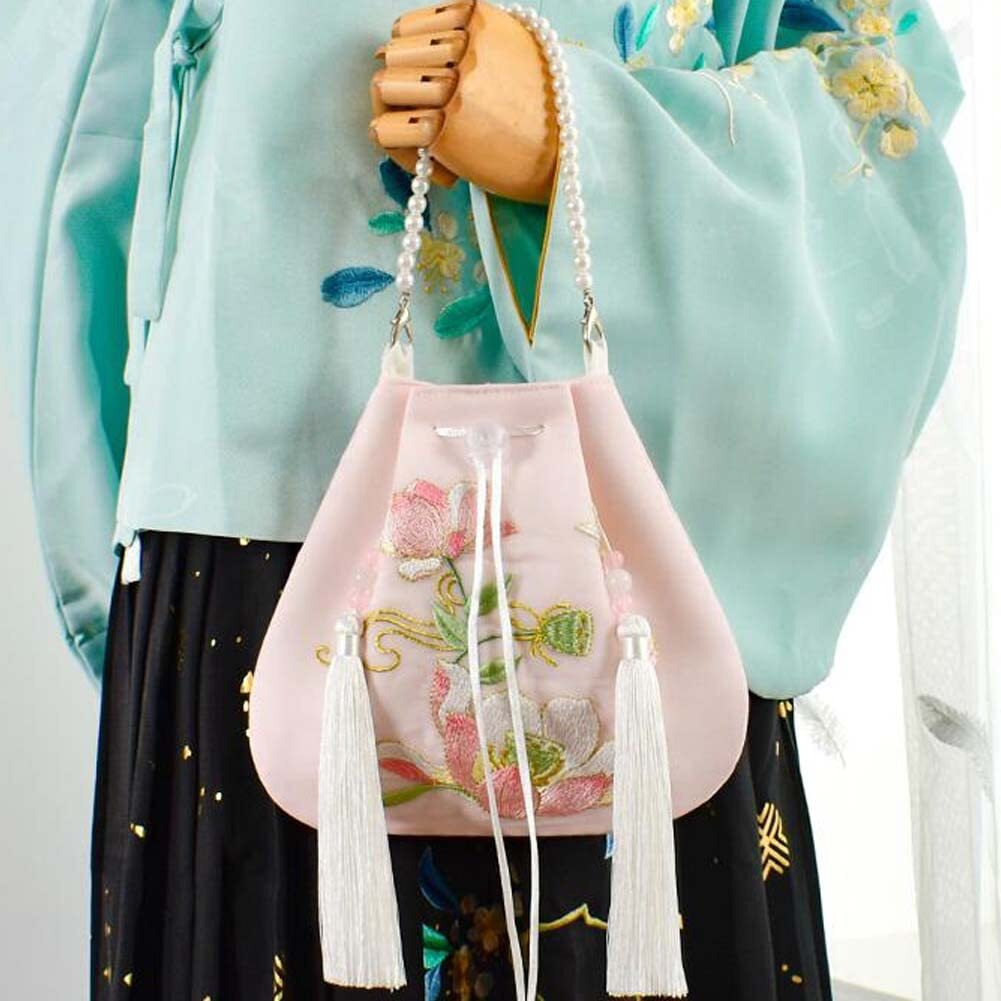 Pink Hanfu Crossbody Bag Lotus Embroidery Handbag Chinese Style Mini Mobile Canvas Purse