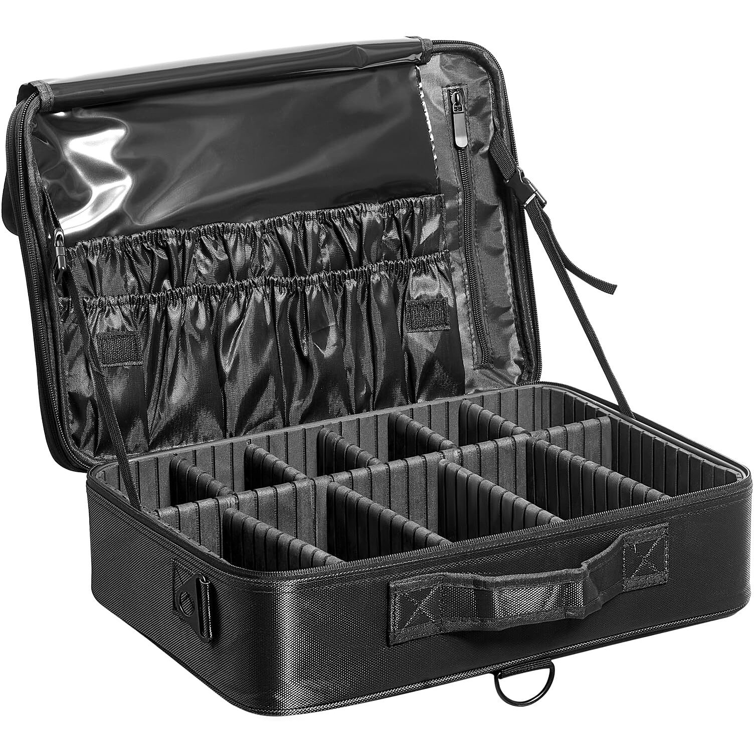 VEVOR Makeup Train Case Large Storage 3 Tiers, Convenient Carry With Handle, Strap, Professional Waterproof Oxford Makeup Storage Organizer Box, Heavy Duty Make Up Carrier, Black