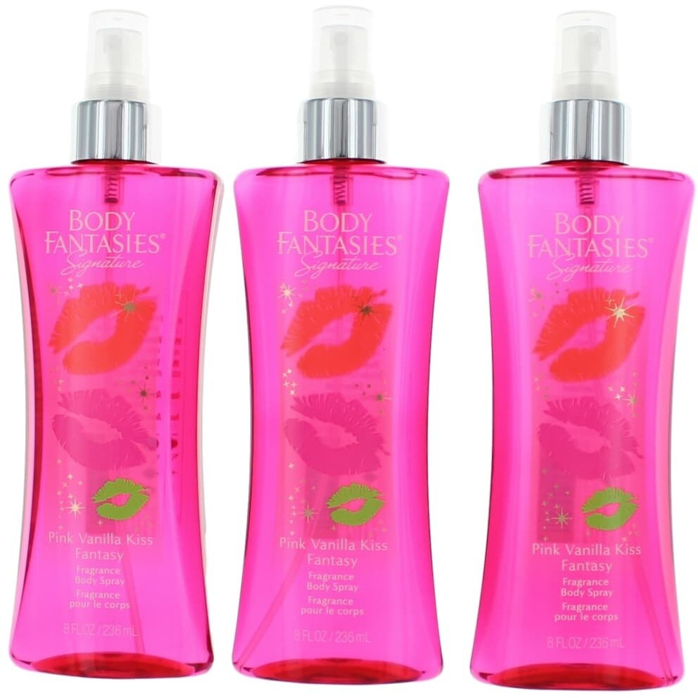 Pink Vanilla Kiss Fantasy by Body Fantasies, 3 Pack 8 oz Fragrance Body Spray for Women