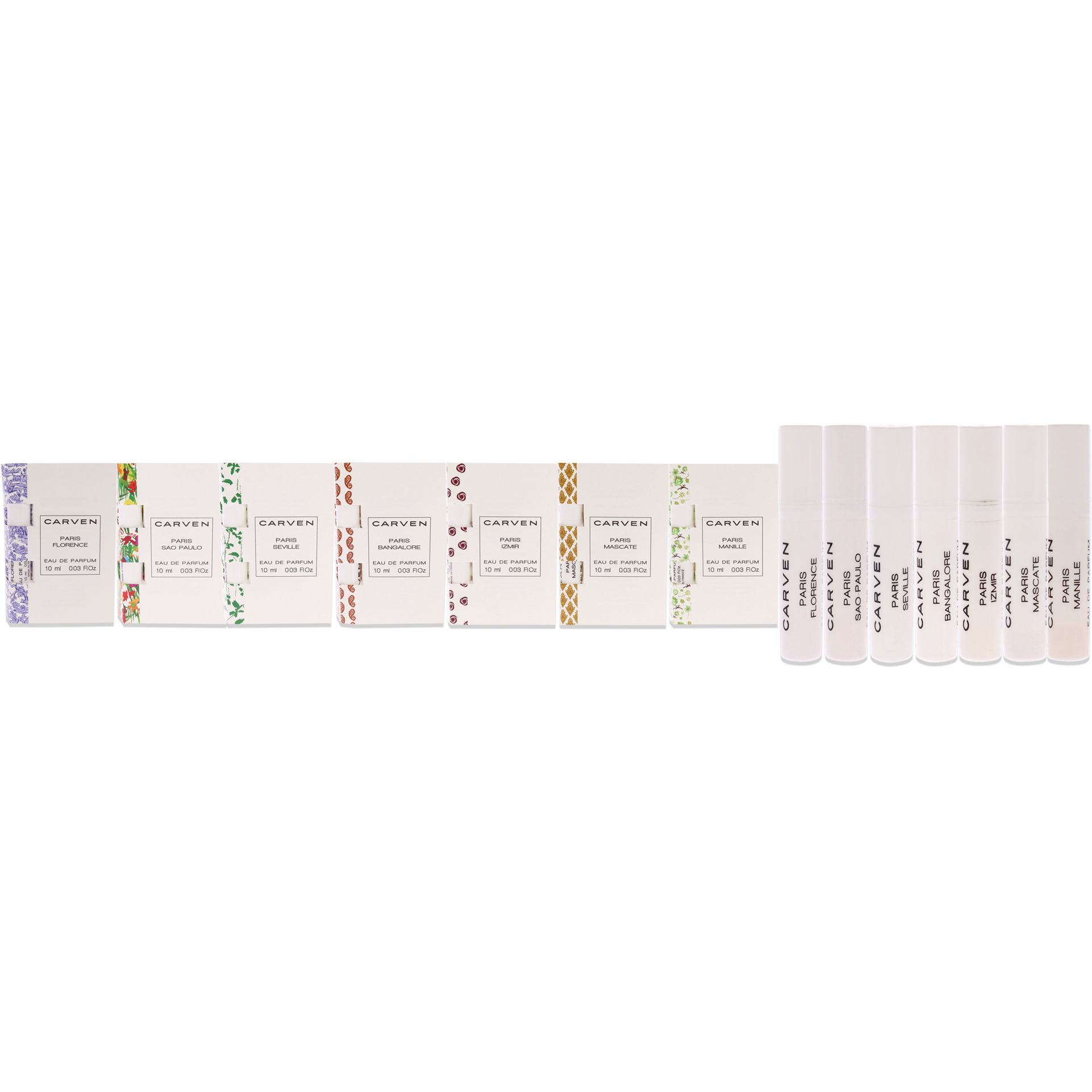 Carven Collection Mini Sampler Set by Carven for Women - 7 Pc Sampler Set 0.03 Seville, 0.03 Manille, 0.03 Sao Paulo, 0.03 Florence, 0.03 Mascate, 0.03 Izmir, 0.03 Bangalore