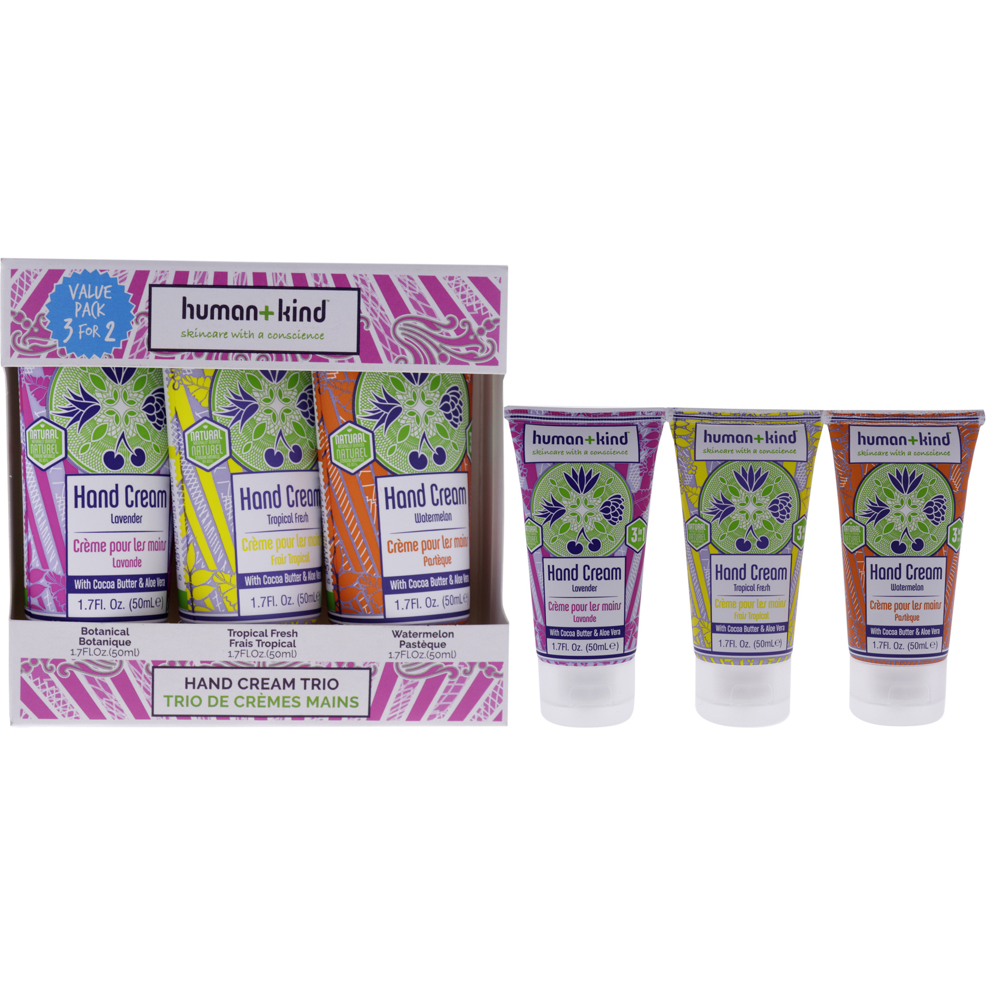 Hand Cream Trio by Human+Kind for Unisex - 3 Pc 1.7oz Hand Cream - Watermelon, 1.7oz Hand Cream - Tropical Fresh, 1.7oz Hand Cream - Lavender