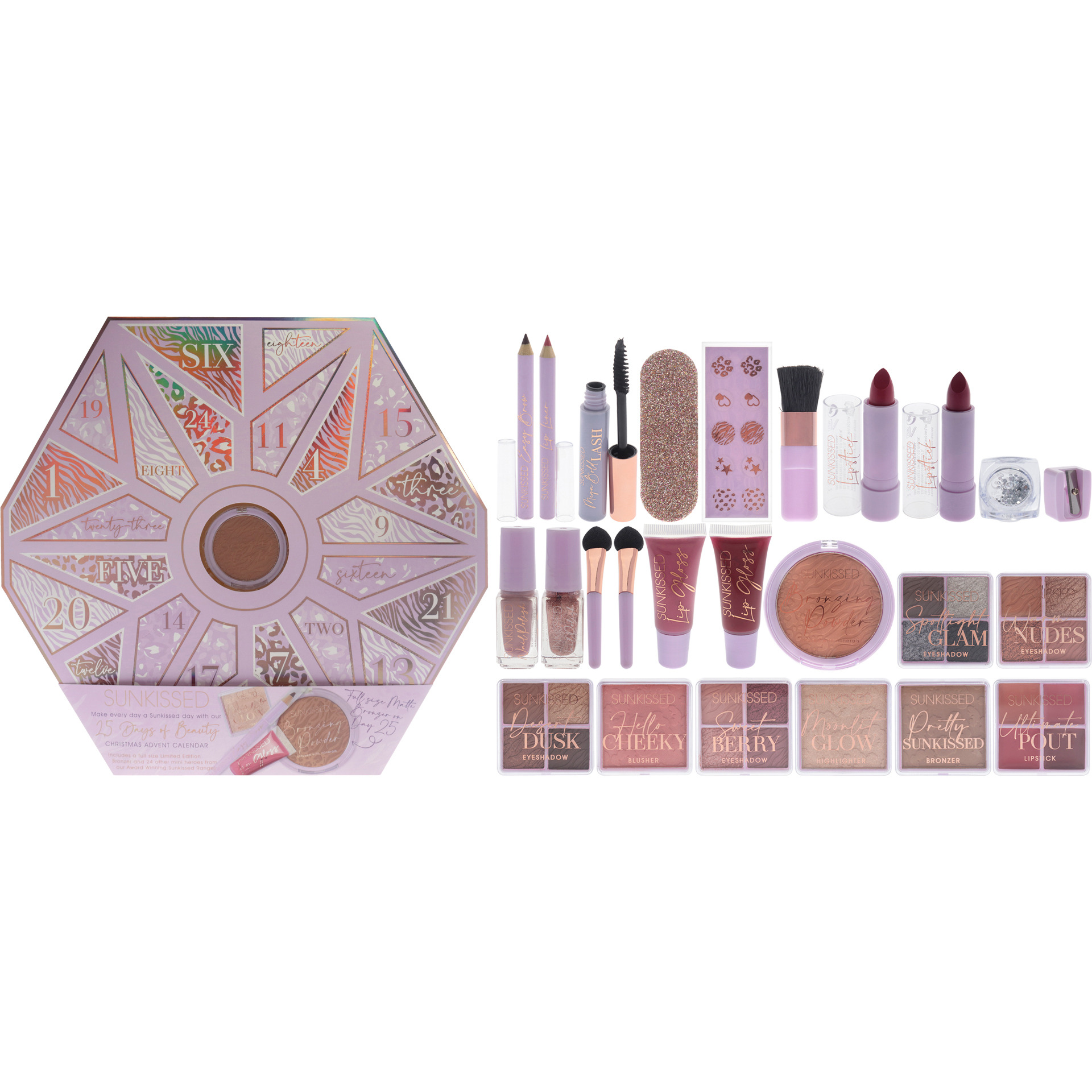 25 Days of Beauty Advent Calendar Set by Sunkissed for Women - 25 Pc 4 X 0.15oz Eyeshadow - Desert Dusk, Eyeshadow - Spotlight Glam, Eyeshadow - Sweet Berry, Eyeshadow - Warm Nudes, 0.14oz Blush - Hello Cheeky, 0.14oz Bronzer - Pretty Sunkissed, 0.39oz Bronzing Powder, 0.14oz Highlighter - Moonlit Glow, 0.12oz Nail Polish - 3, 0.12oz Nail Polish, 0.16oz Mascara- Mega Bold Lash, 2 X 0.24oz Lip Gloss, 0.03oz Lip Liner, 0.03oz Eyebrow Pencil - Medium Dark, 2 X 0.12oz Lipstick, 0.08oz Lipstick Palet