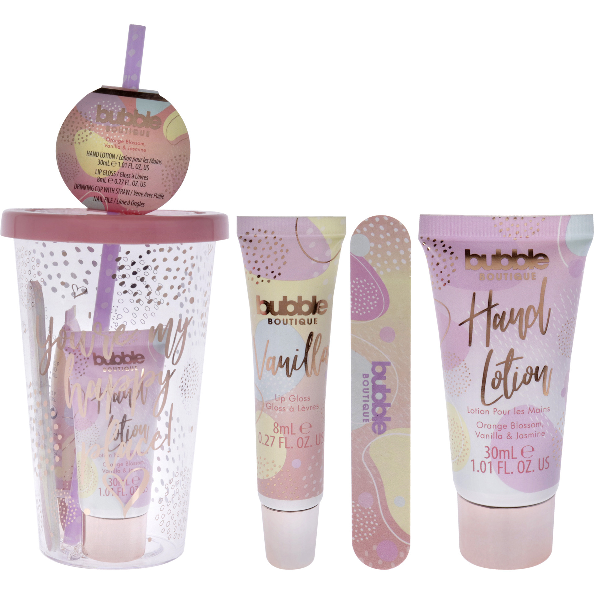 Bubble Boutique Travel Cup - Eco Packaging by Style and Grace for Women - 4 Pc 1.01oz Hand Lotion, 0.27oz Lip Gloss - Vanilla, Drinking Cup, Nail File