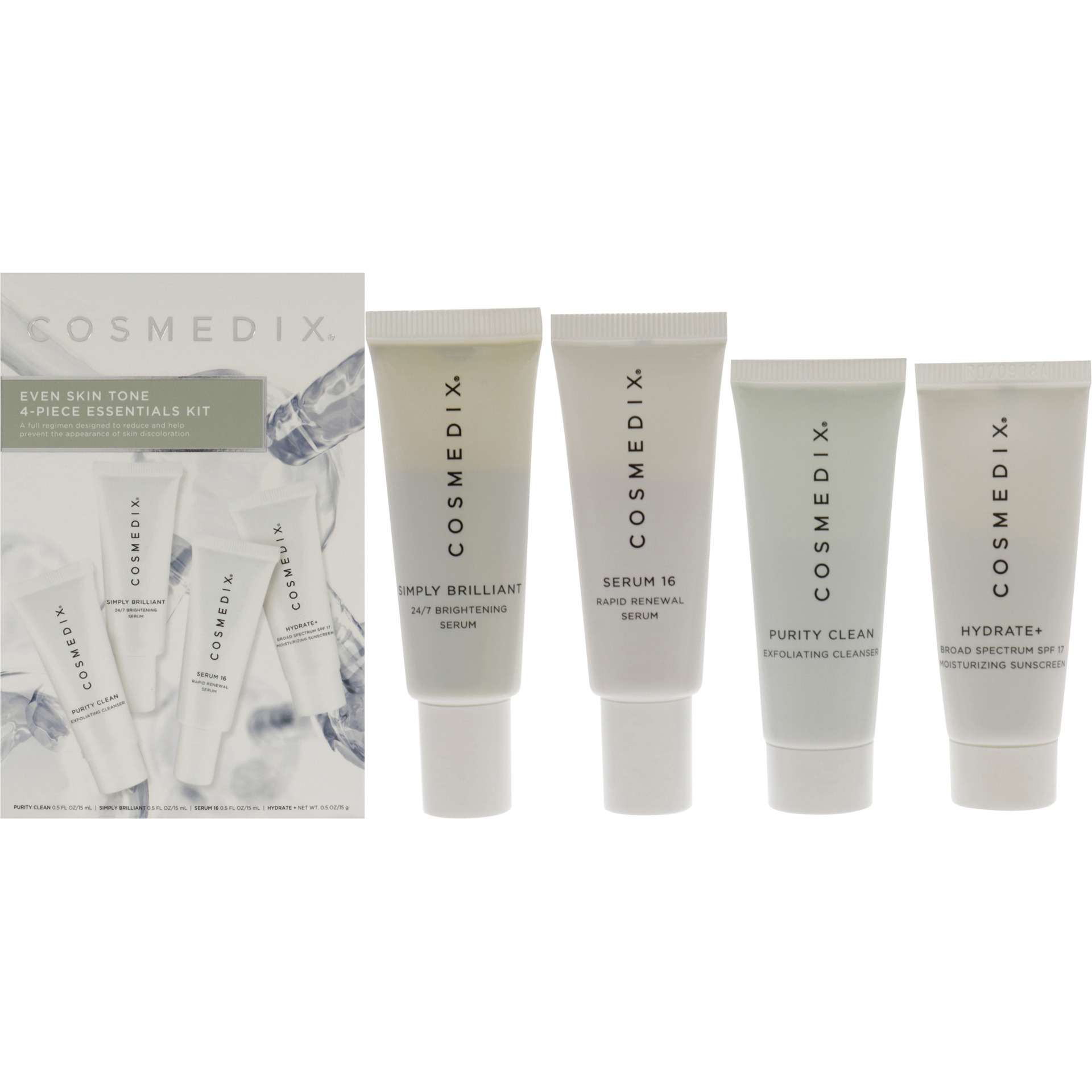 Even Skin Tone Essentials Kit by Cosmedix for Unisex - 4 Pc 0.5oz Purity Clean, 0.5oz Simply Brilliant, 0.5oz Serum 16, 0.5oz Hydrate Plus