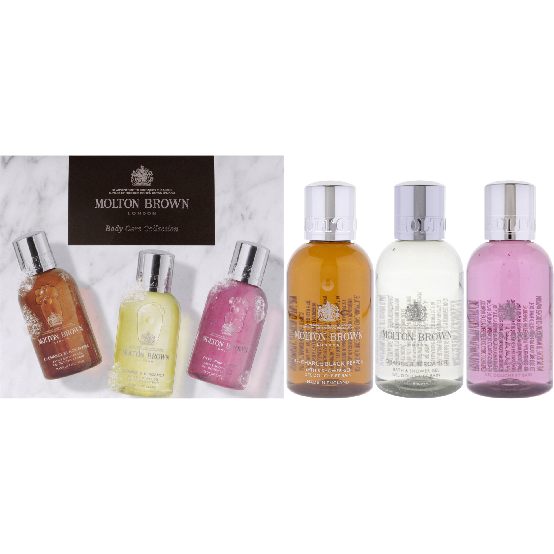 Spicy and Cytrus Body Care Collection Set by Molton Brown for Unisex - 3 Pc 3.3oz Re-Charge Black Pepper Bath and Shower Gel, 3.3oz Orange and Bergamot Bath and Shower Gel, 3.3oz Fiery Pink Pepper Bath and Shower Gel