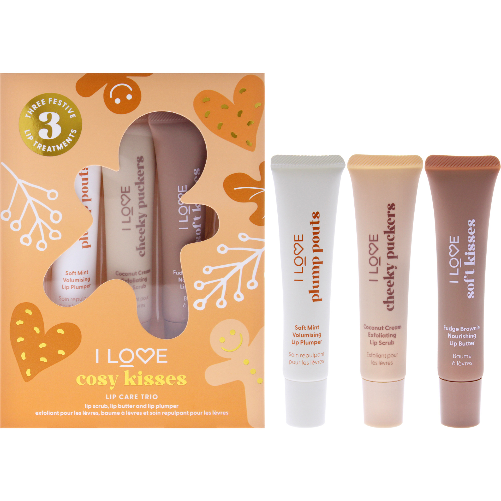 Cosy Kisses Lip Care Trio by I Love Cosmetics for Women - 3 Pc 0.5oz Cheeky Coconut Cream Exfolianting Lip Scrub, 0.5oz Soft Kisses Fudge Brownie Nourishing Lip Butter, 0.5oz Plump Pouts Soft Mint Volumising Lip Plumper