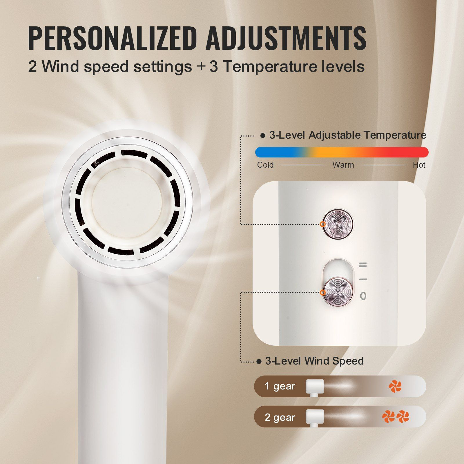 VEVOR High-Speed Hair Dryer with 102,000RPM Brushless Motor, 200 Million Negative Ions Hair Blow Dryer, 3-Color Temp LED Lights & 2 Speeds, Lightweight Hairdryer with Diffuser & Nozzle for Home Travel