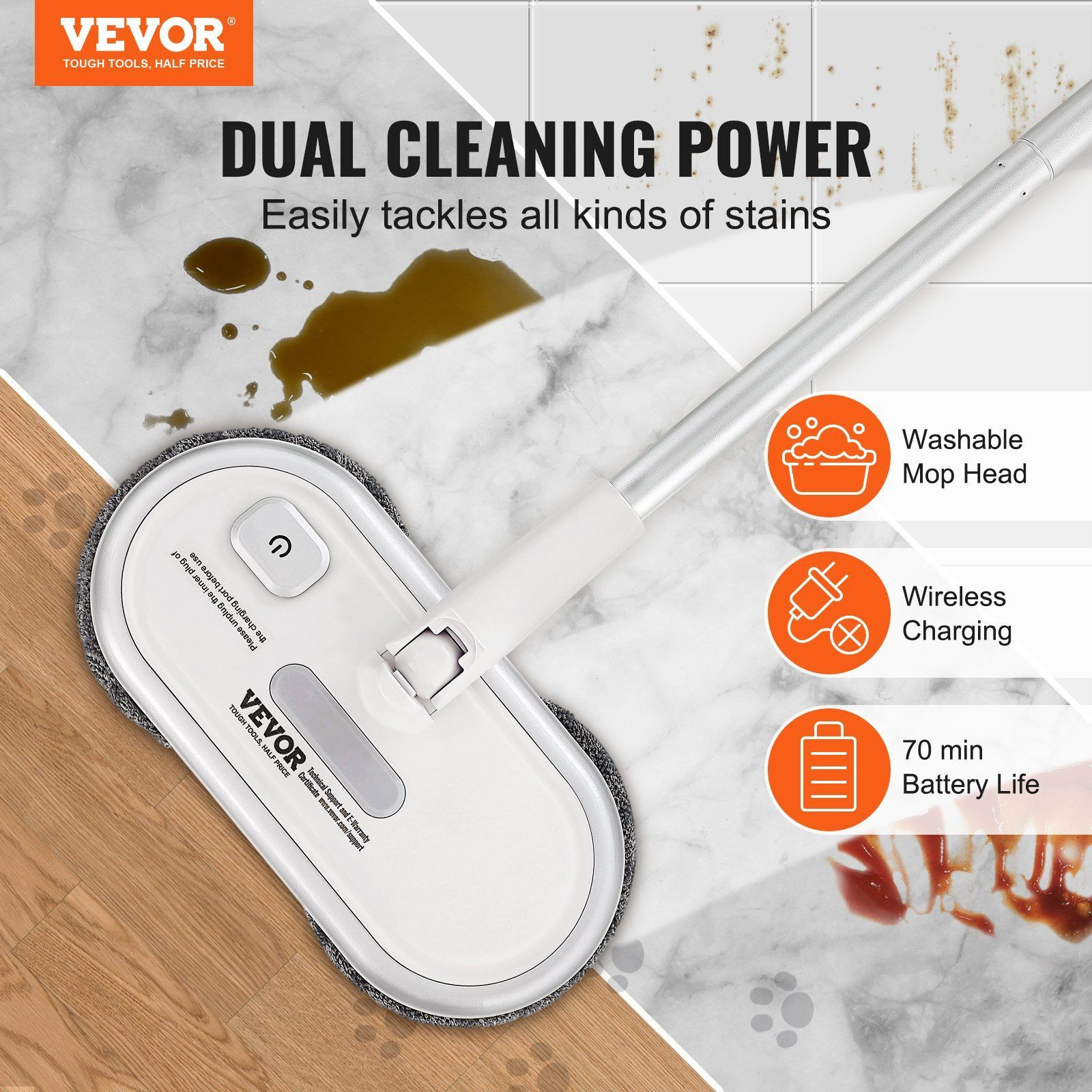VEVOR Cordless Electric Mop, Up to 70 mins Powerful Battery, Electric Spin Mop with Dual Spinning Mop Heads, 4 Microfiber Pads & 2 Floor Scrubber Pads, for Hardwood Floor/Bathroom/Tile Floor Cleaning