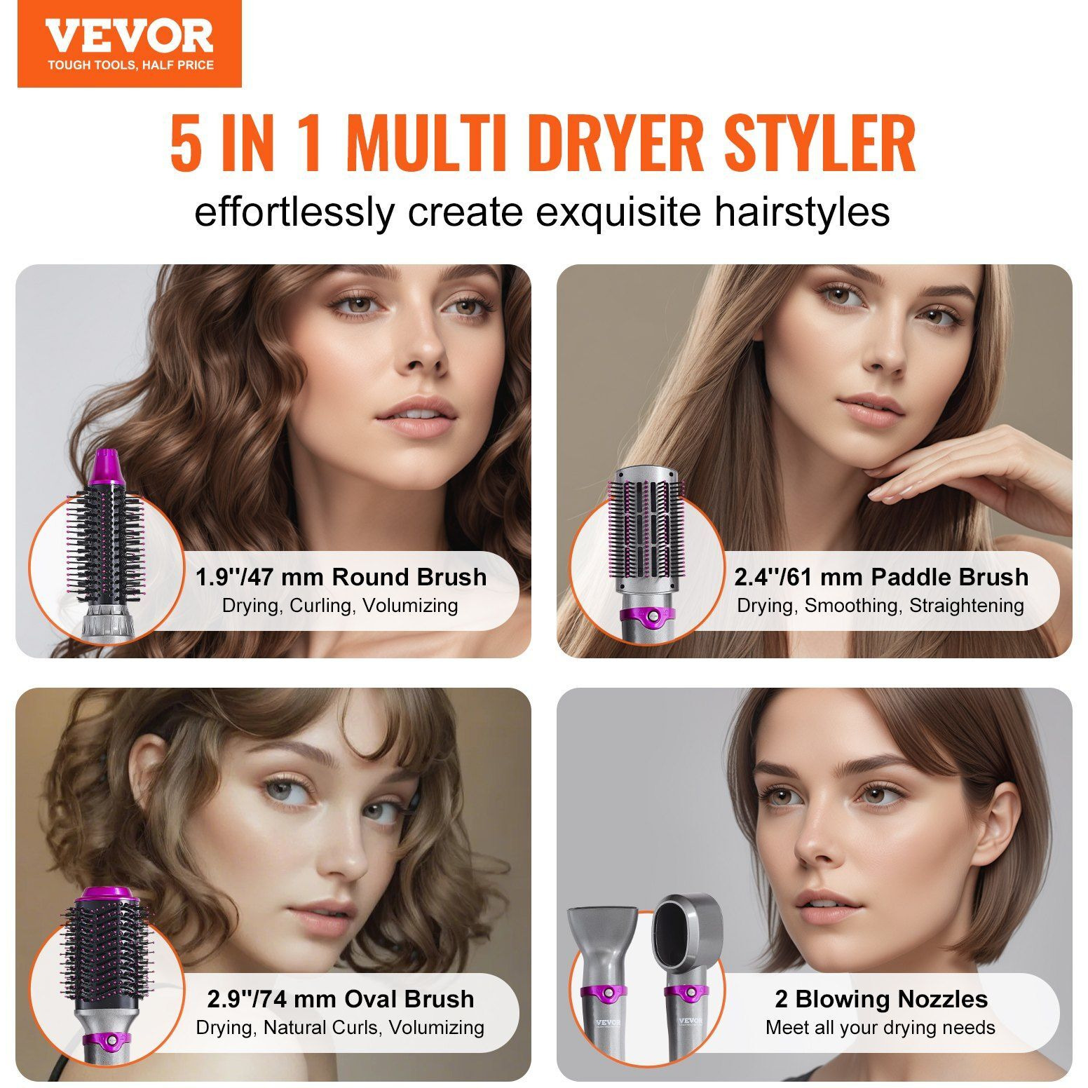 VEVOR Hair Dryer Brush 5-in-1 Hot Hair Styler Upgraded Negative Ion for Curling