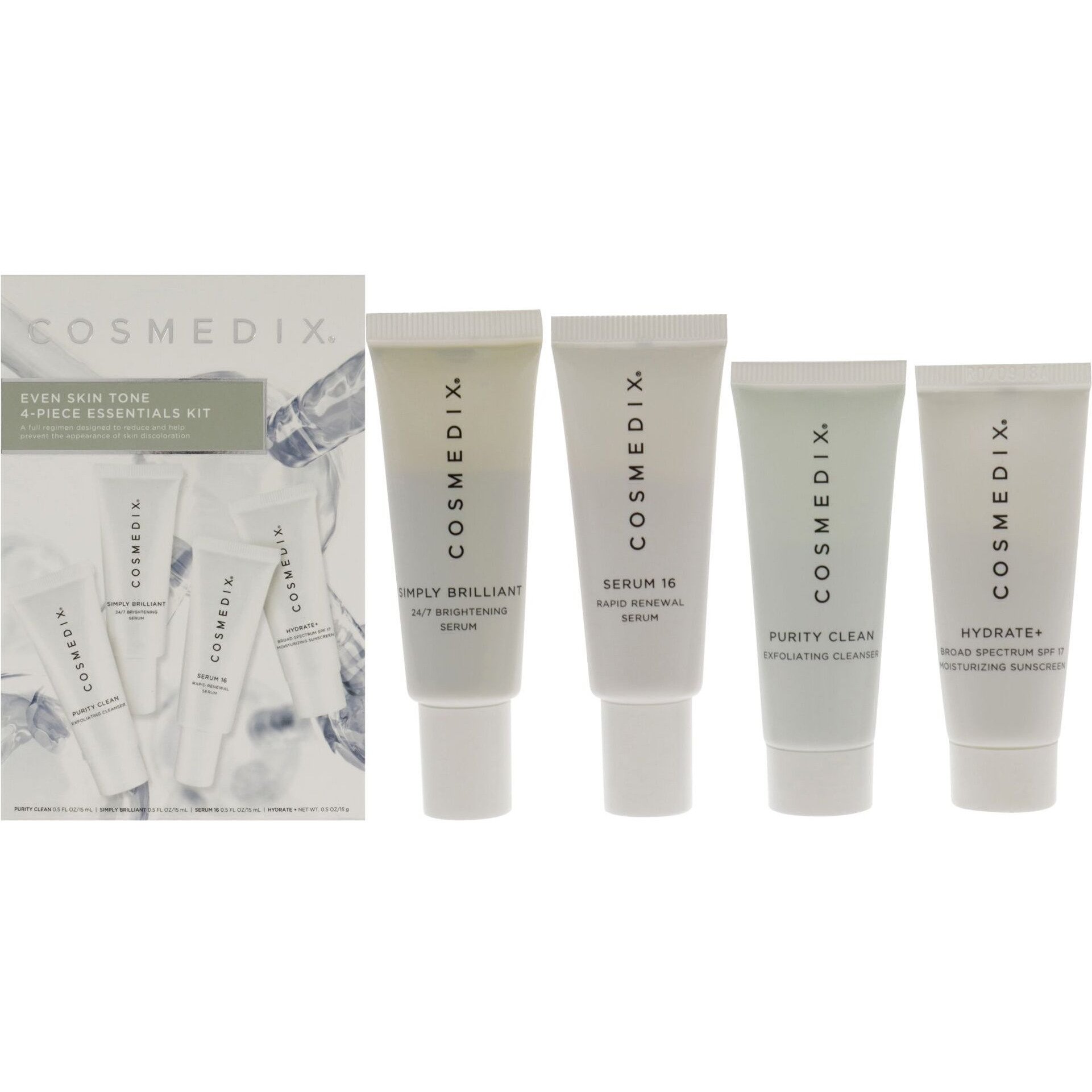 Even Skin Tone Essentials Kit by Cosmedix for Unisex - 4 Pc 0.5oz Purity Clean, 0.5oz Simply Brilliant, 0.5oz Serum 16, 0.5oz Hydrate Plus