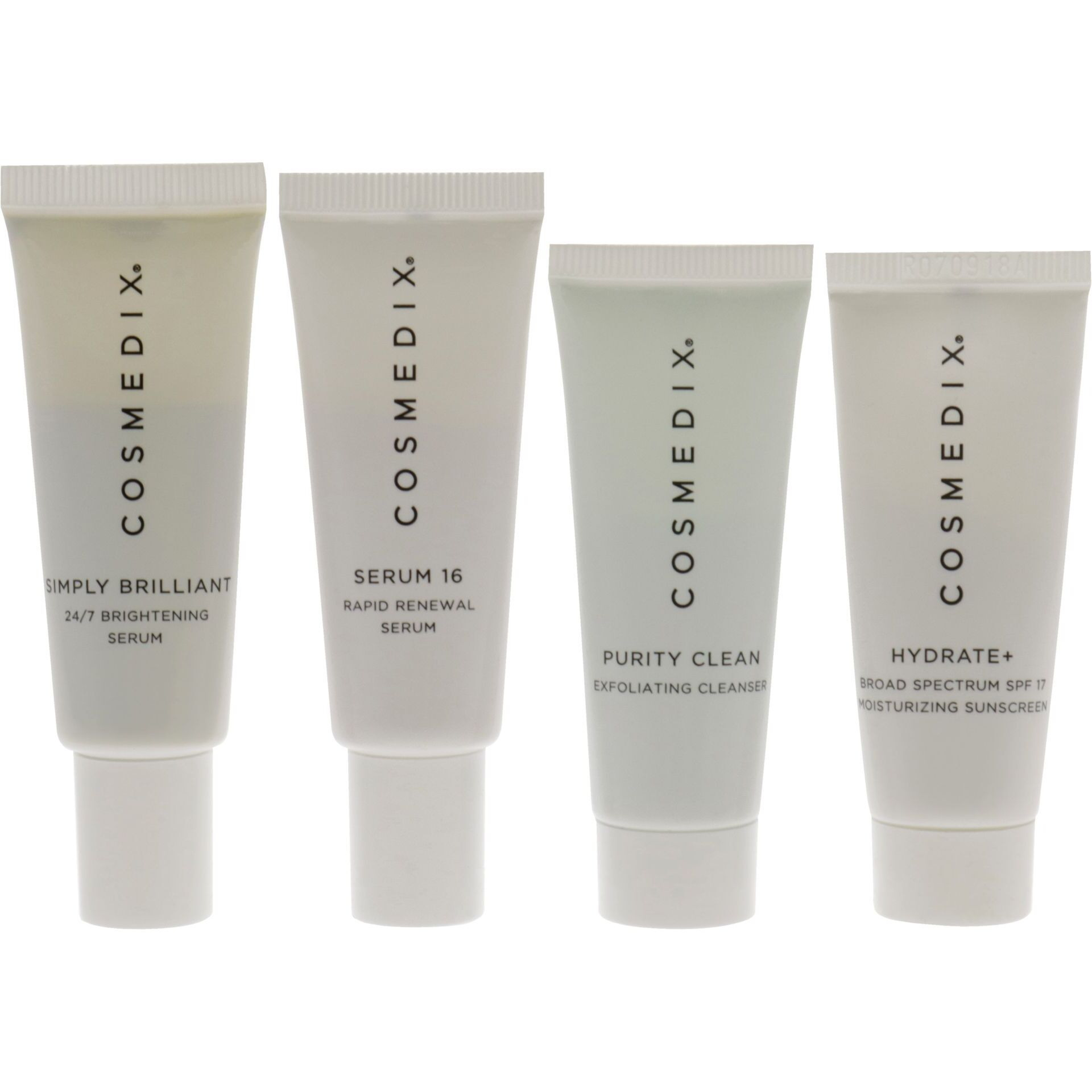 Even Skin Tone Essentials Kit by Cosmedix for Unisex - 4 Pc 0.5oz Purity Clean, 0.5oz Simply Brilliant, 0.5oz Serum 16, 0.5oz Hydrate Plus