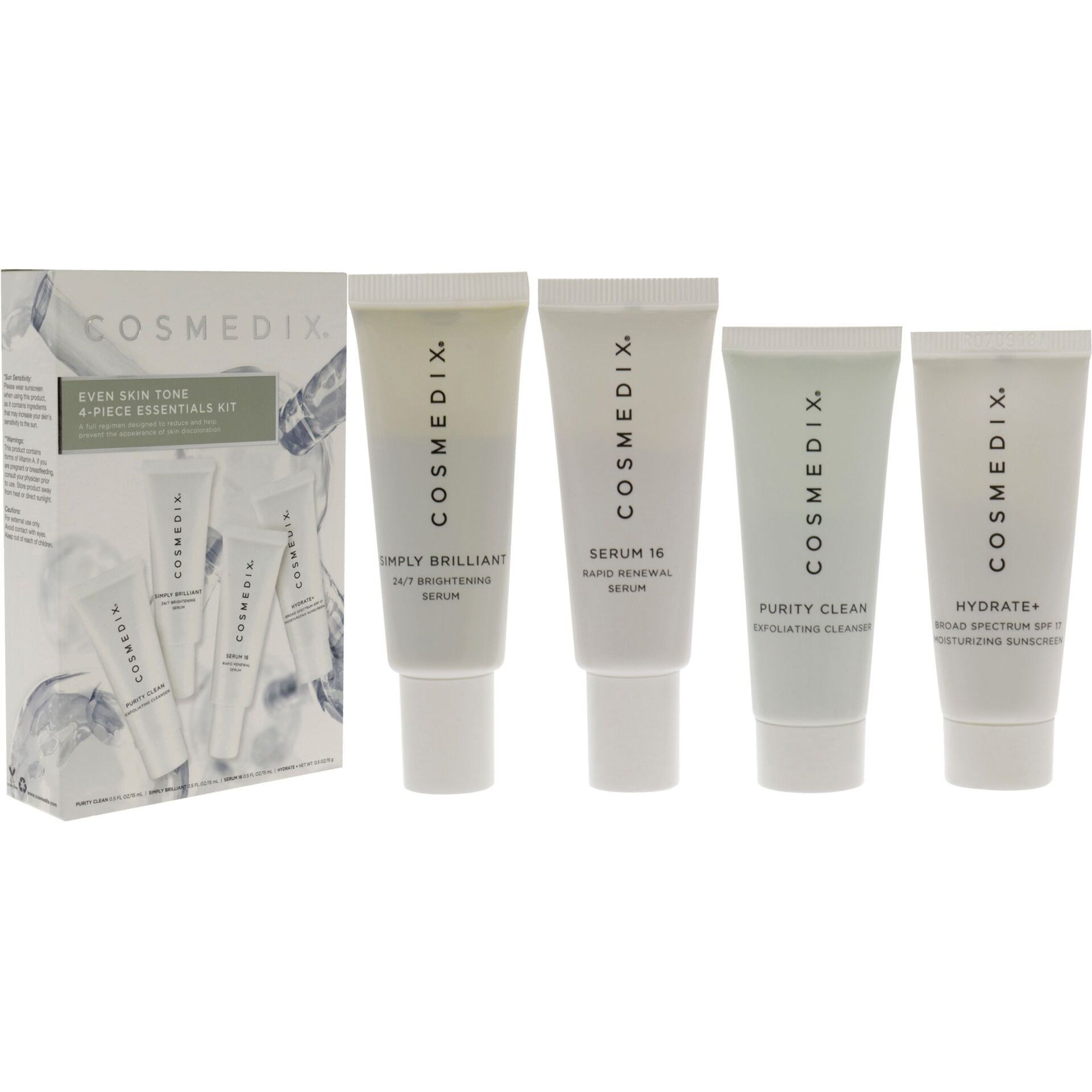 Even Skin Tone Essentials Kit by Cosmedix for Unisex - 4 Pc 0.5oz Purity Clean, 0.5oz Simply Brilliant, 0.5oz Serum 16, 0.5oz Hydrate Plus