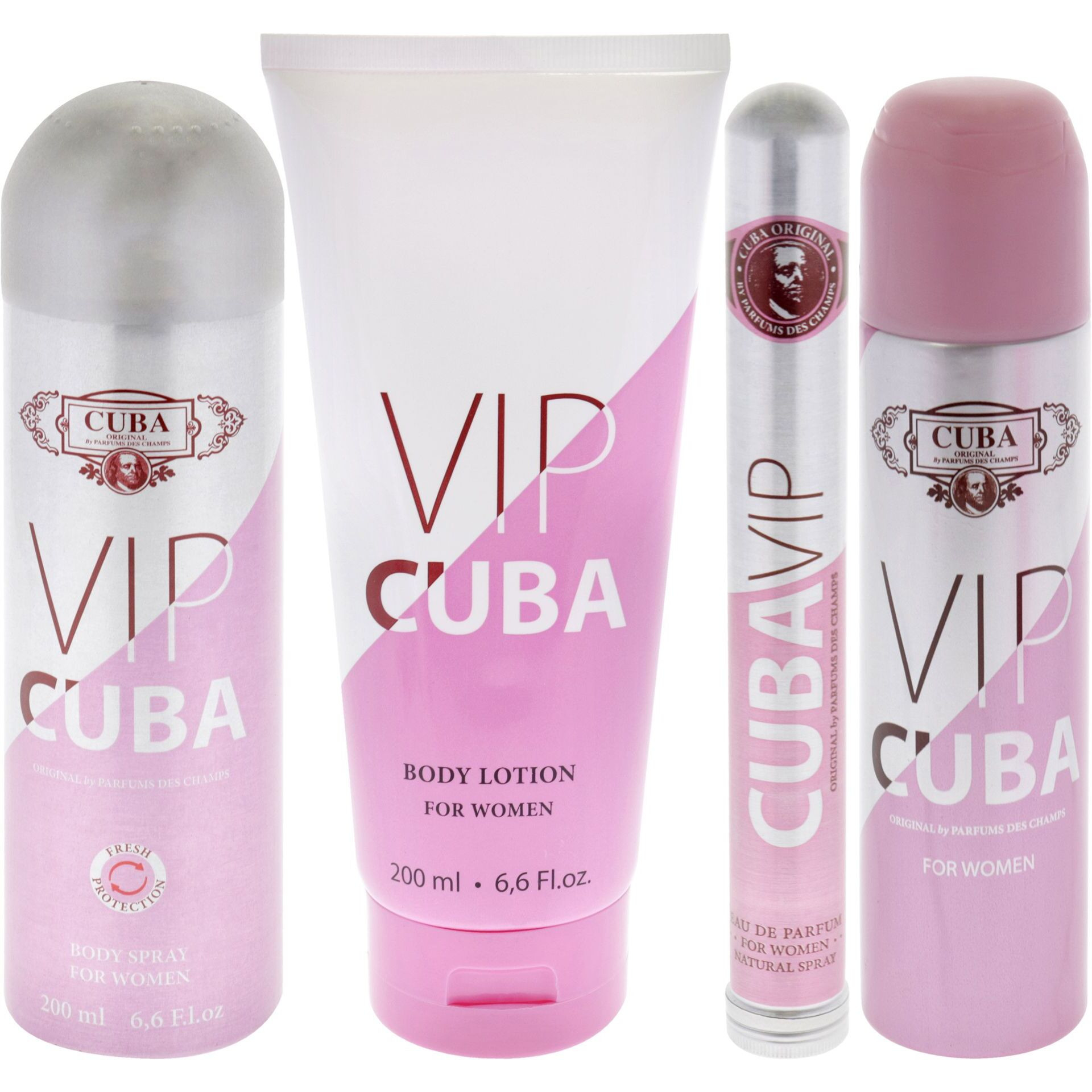 Cuba Vip by Cuba for Women - 4 Pc Gift Set 3.3oz EDP Spray, 1.17oz EDP Spray, 6.6oz Body Spray, 6.6oz Body Lotion