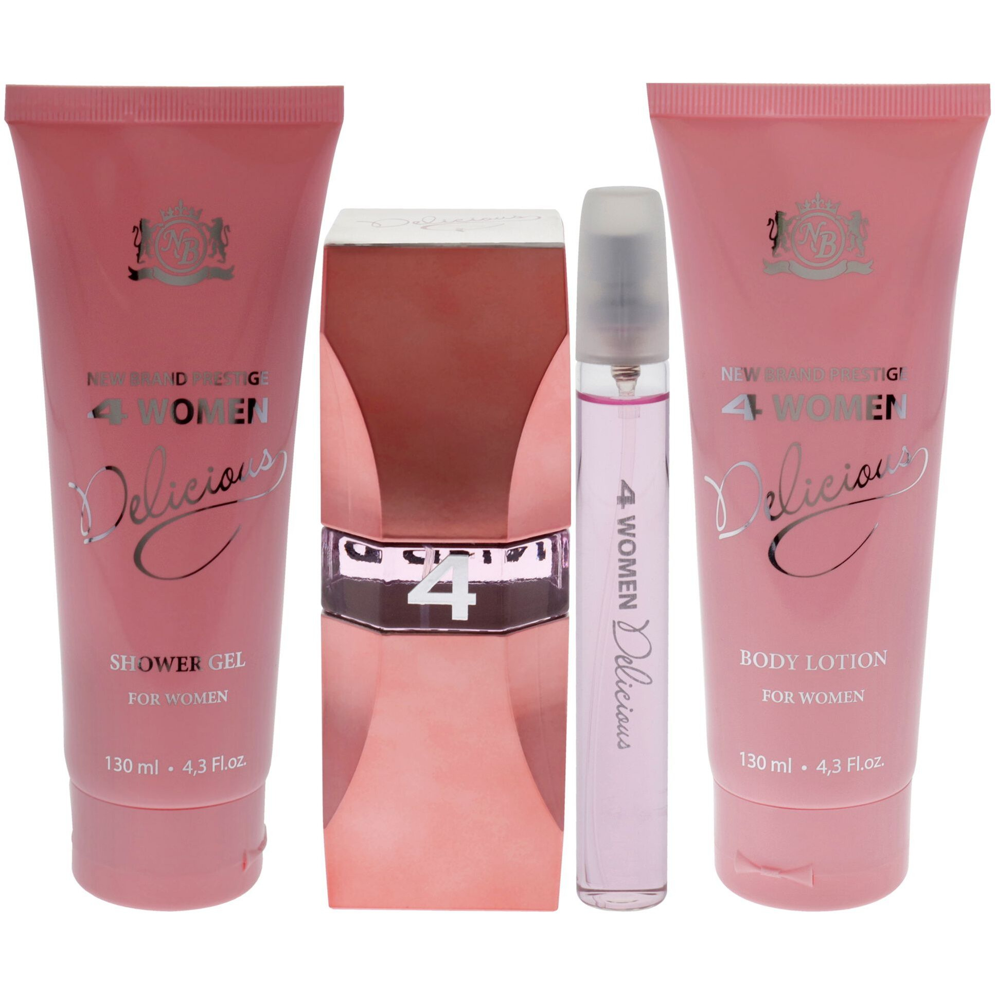 Prestige 4 Woman Delicious by New Brand for Women - 4 Pc Gift Set 3.3oz EDP Spray, 0.5oz EDP Spray, 4.3oz Shower Gel, 4.3oz Body Lotion