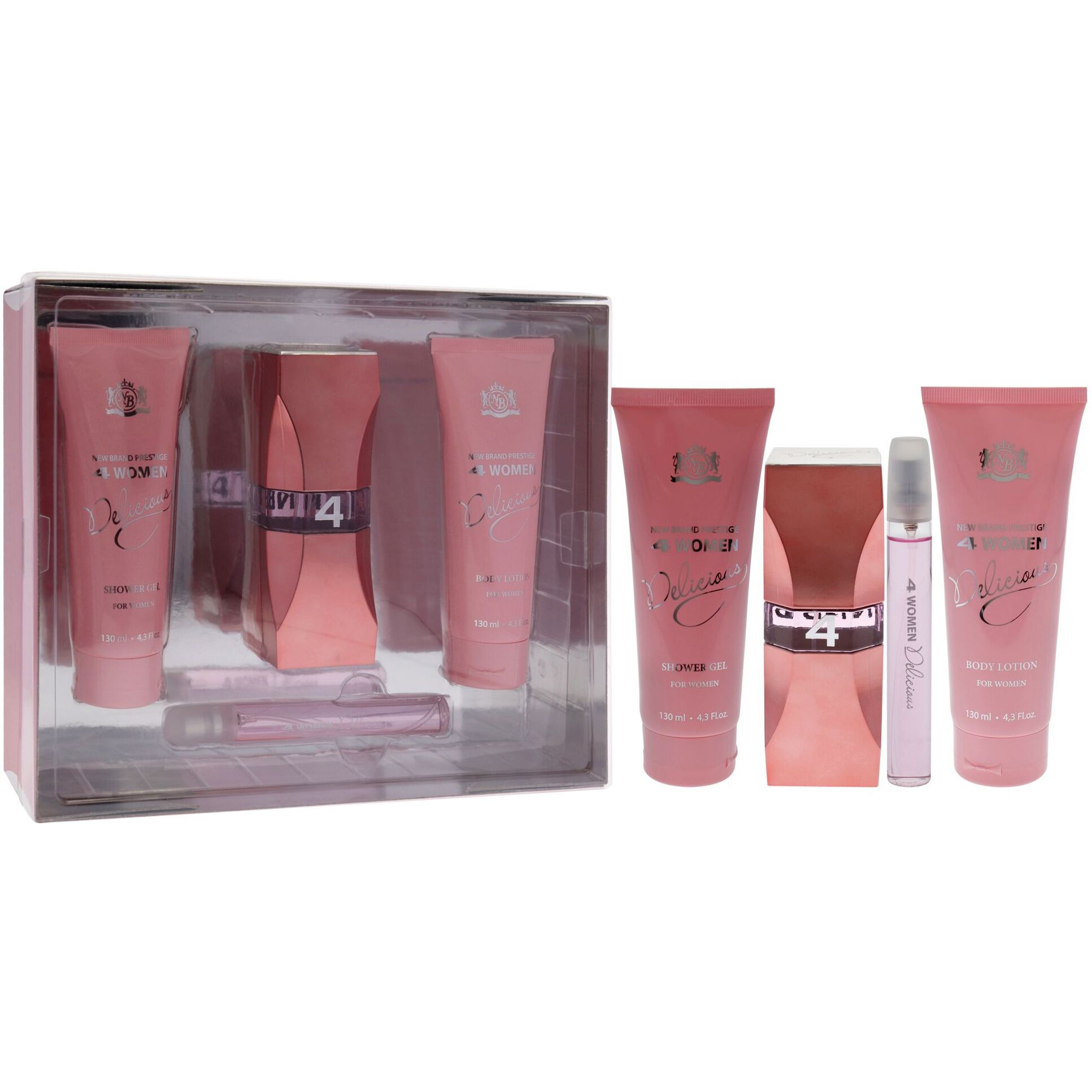 Prestige 4 Woman Delicious by New Brand for Women - 4 Pc Gift Set 3.3oz EDP Spray, 0.5oz EDP Spray, 4.3oz Shower Gel, 4.3oz Body Lotion