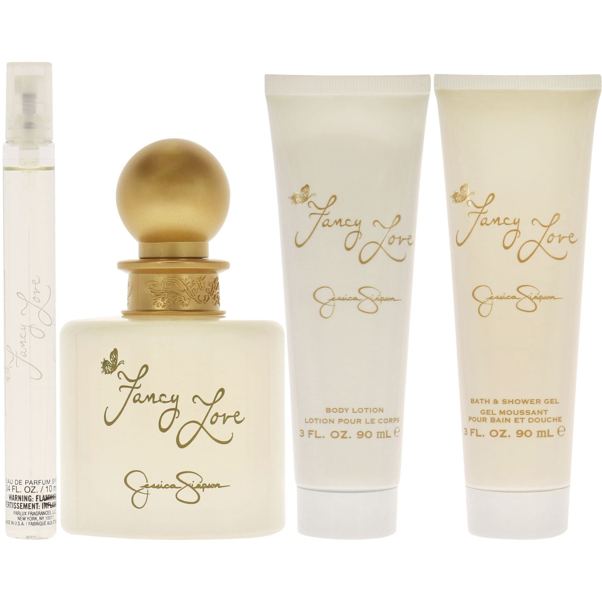 Fancy Love by Jessica Simpson for Women - 4 Pc Gift Set 3.4oz EDP Spray, 0.34oz EDP Mini Spray, 3oz Body Lotion, 3oz Bath and Shower Gel