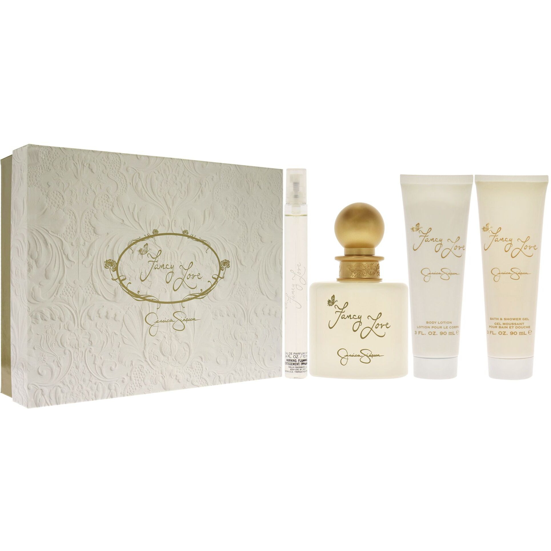 Fancy Love by Jessica Simpson for Women - 4 Pc Gift Set 3.4oz EDP Spray, 0.34oz EDP Mini Spray, 3oz Body Lotion, 3oz Bath and Shower Gel