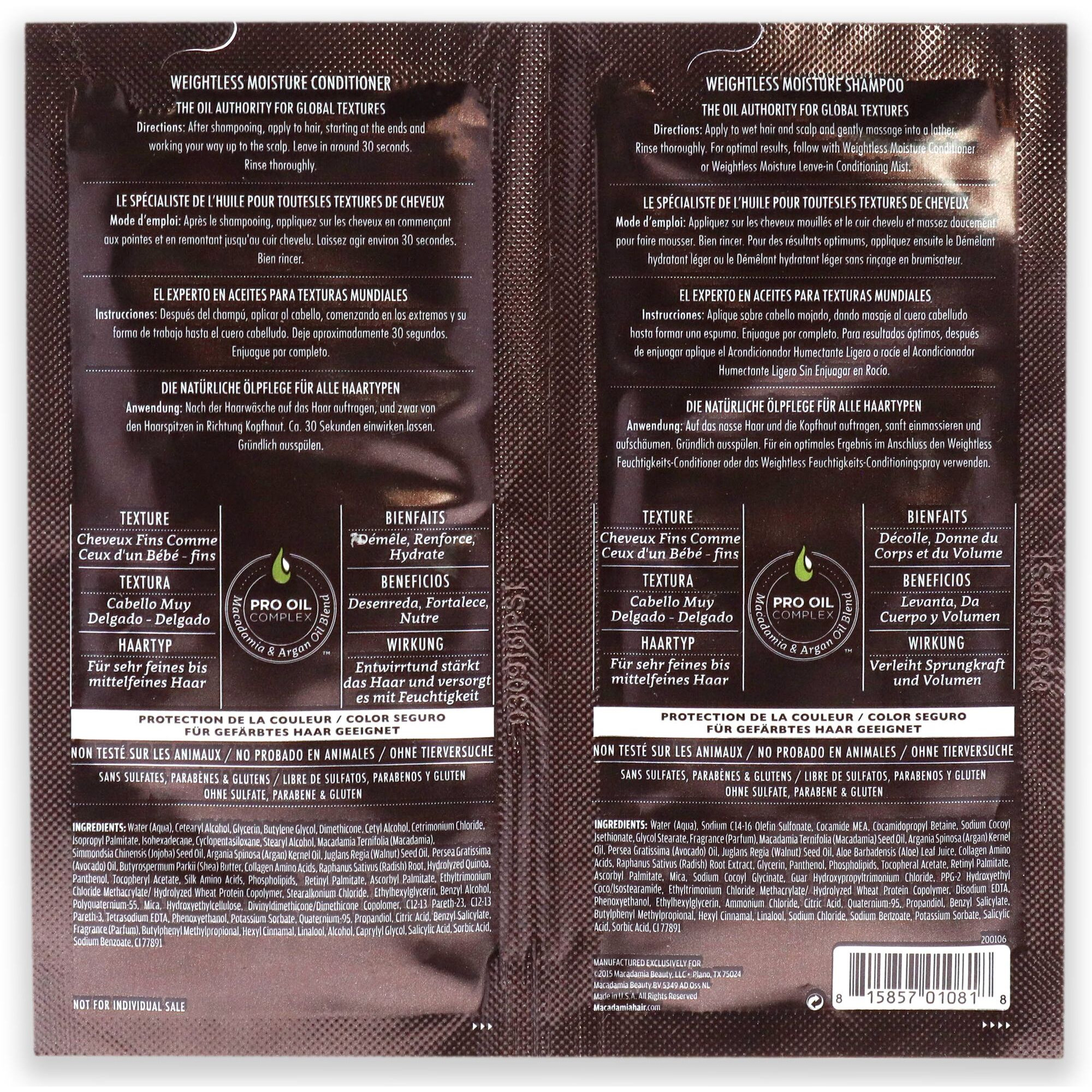 Professional Weightless Moisture Set by Macadamia Oil for Unisex - 2 x 0.34 oz Shampoo and Conditioner
