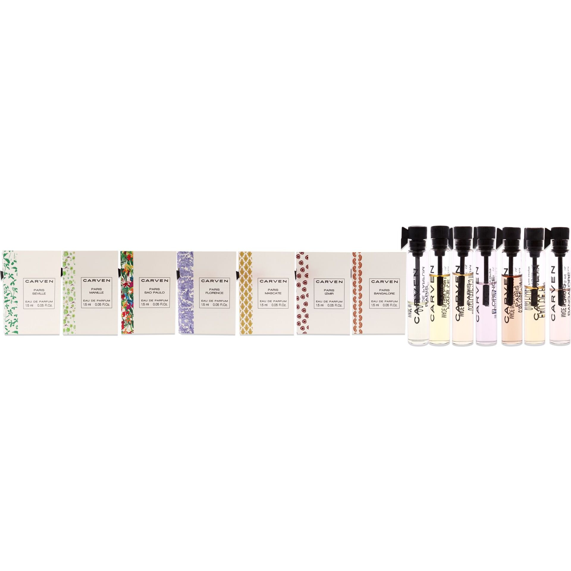 Carven Collection Mini Sampler Set by Carven for Women - 7 Pc Sampler Set 0.05 Seville, 0.05 Manille, 0.05 Sao Paulo, 0.05 Florence, 0.05 Mascate, 0.05 Izmir, 0.05 Bangalore