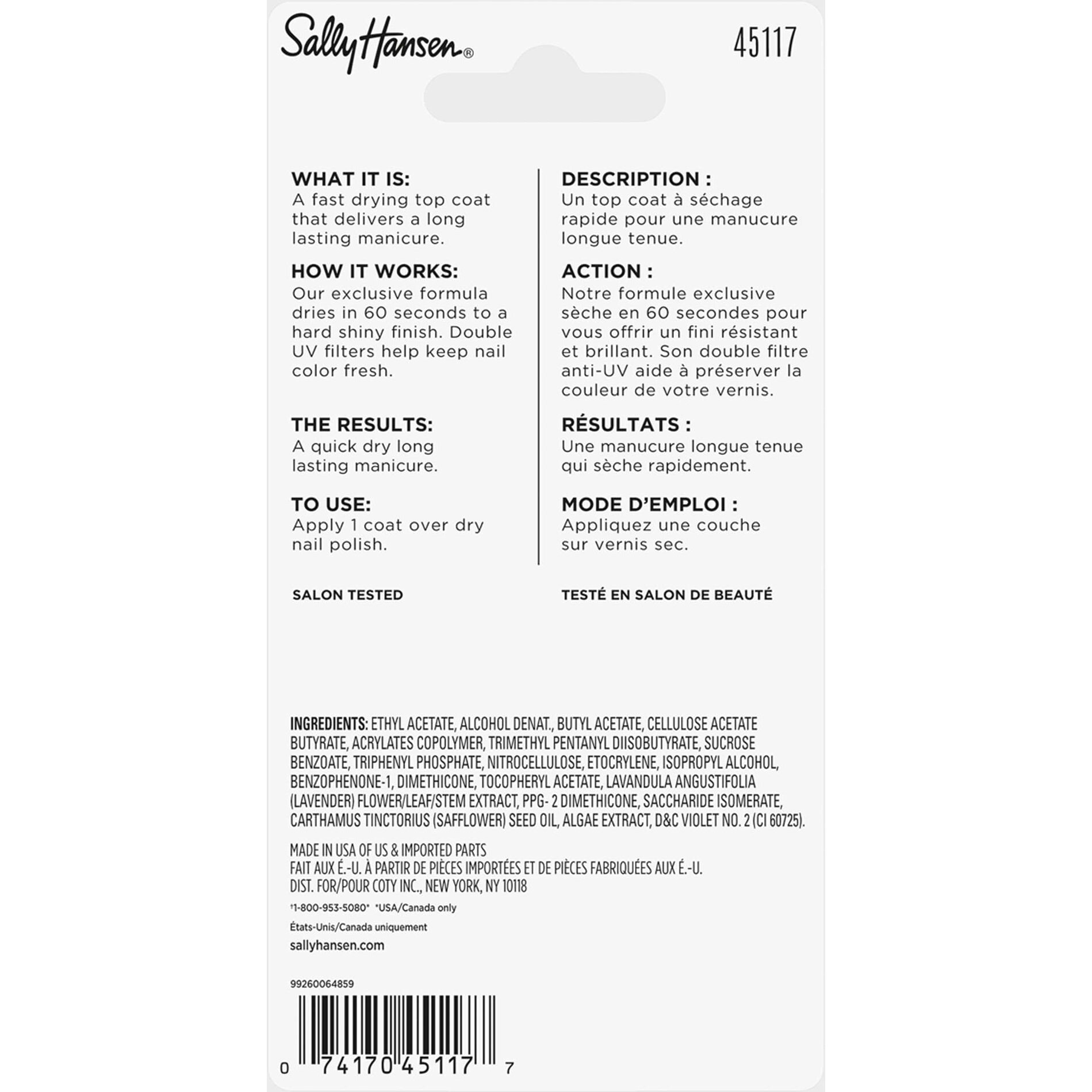 Sally Hansen Insta-Dri Anti-Chip Top Coat 45117 Clear, 0.45 Fl Ounce (Pack of 1)