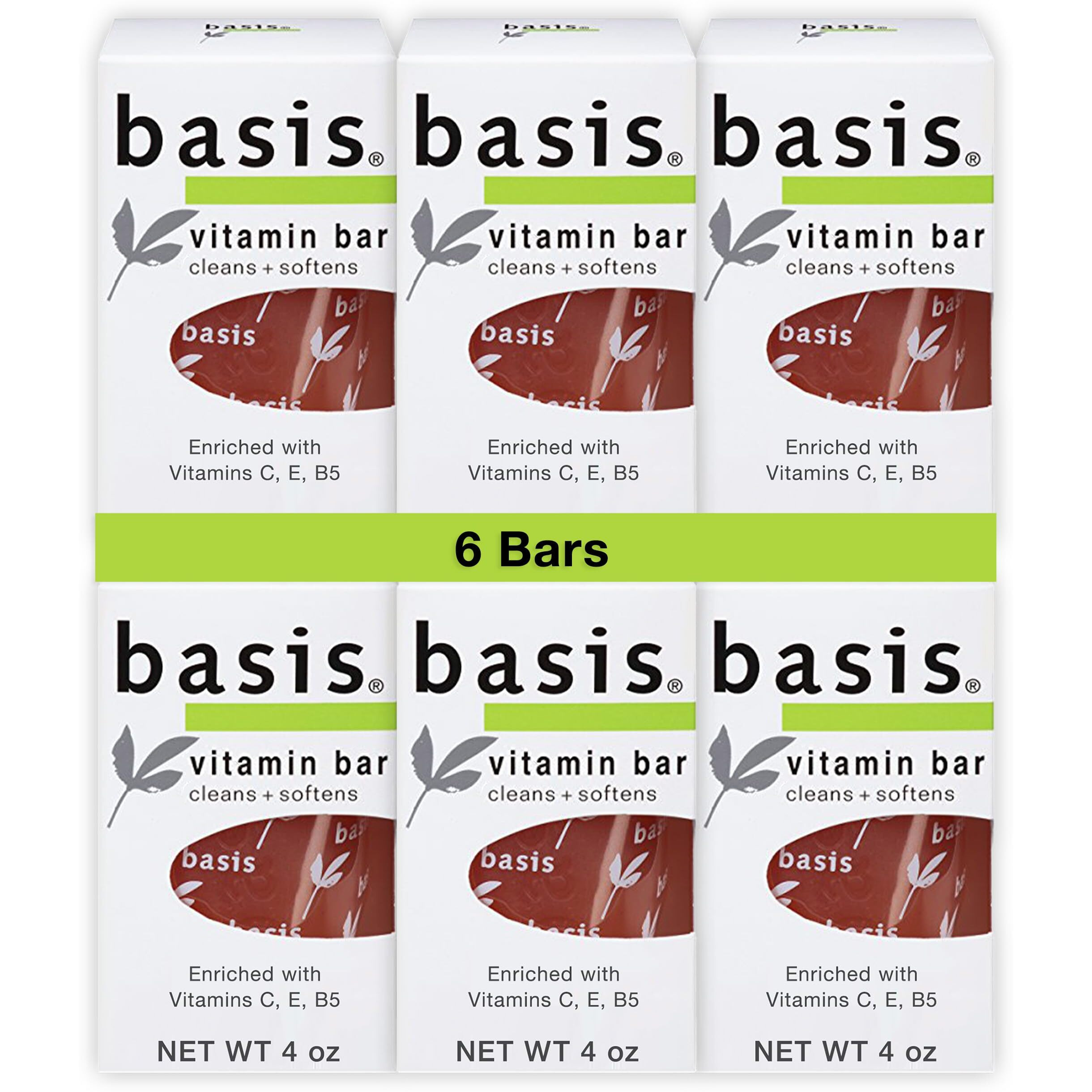 Basis Vitamin Bar Soap - Cleans and Softens with Vitamin C, E, and B5 - Use for Body Wash or Hand Soap - Pack of 6 Bars