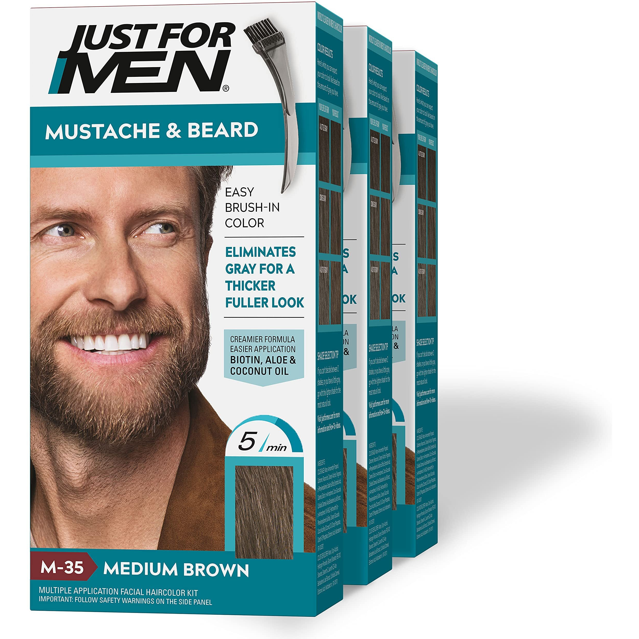 Just For Men Mustache & Beard, Beard Dye for Men with Brush Included for Easy Application, With Biotin Aloe and Coconut Oil for Healthy Facial Hair - Medium Brown, M-35, Pack of 3