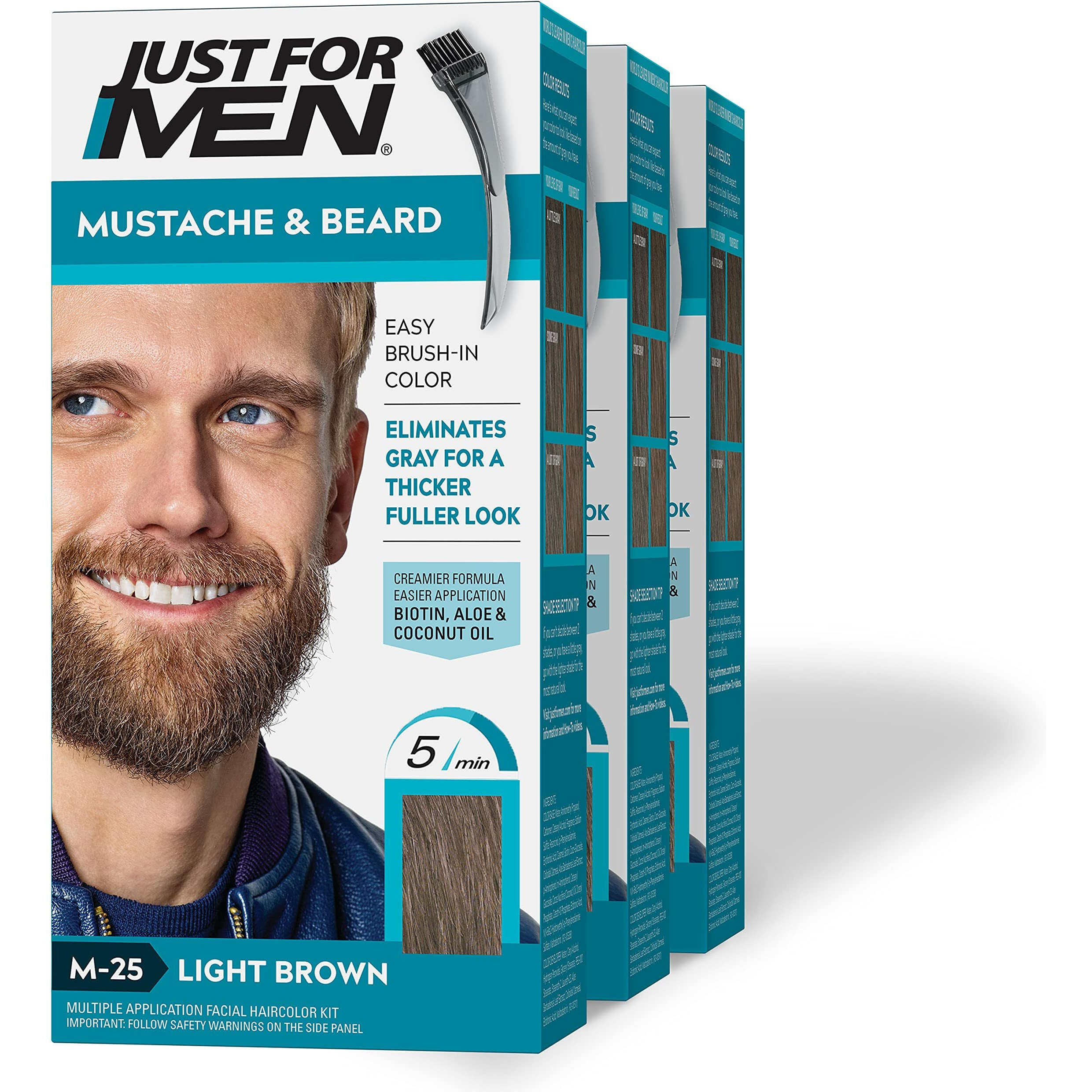 Just For Men Mustache & Beard, Beard Dye for Men with Brush Included for Easy Application, With Biotin Aloe and Coconut Oil for Healthy Facial Hair - Light Brown, M-25, Pack of 3