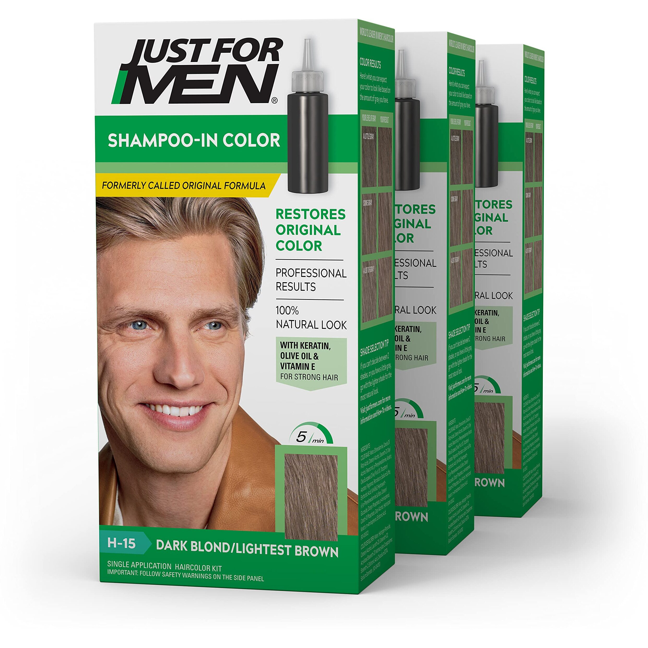 Just For Men Shampoo-In Color (Formerly Original Formula), Mens Hair Color with Keratin and Vitamin E for Stronger Hair - Dark Blond/Lightest Brown, H-15, Pack of 3