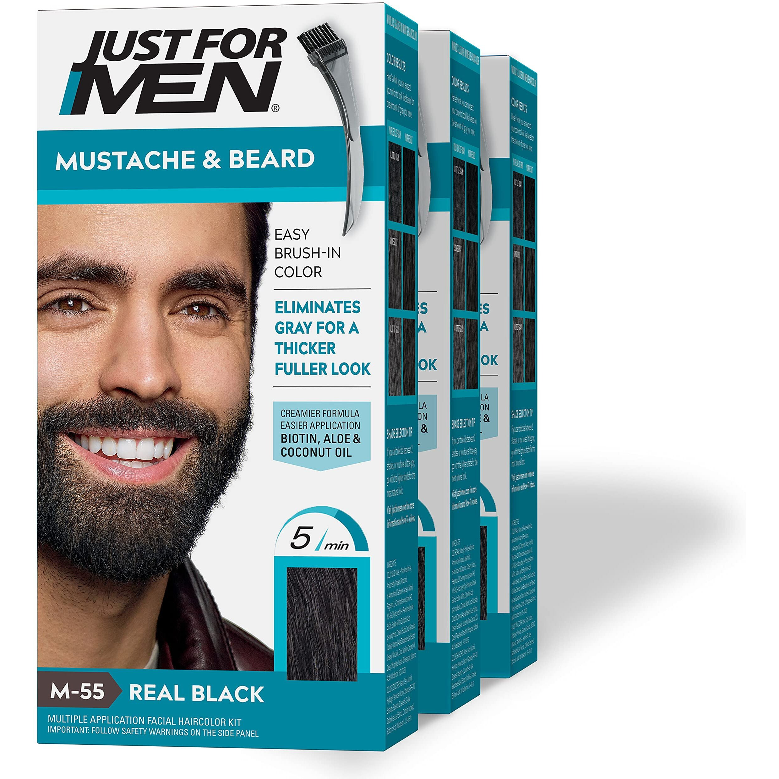 Just For Men Mustache & Beard, Beard Dye for Men with Brush Included for Easy Application, With Biotin Aloe and Coconut Oil for Healthy Facial Hair - Real Black, M-55, Pack of 3