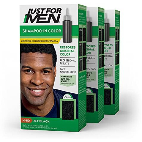 Just For Men Shampoo-In Color (Formerly Original Formula), Mens Hair Color with Keratin and Vitamin E for Stronger Hair - Jet Black , H-60, Pack of 3