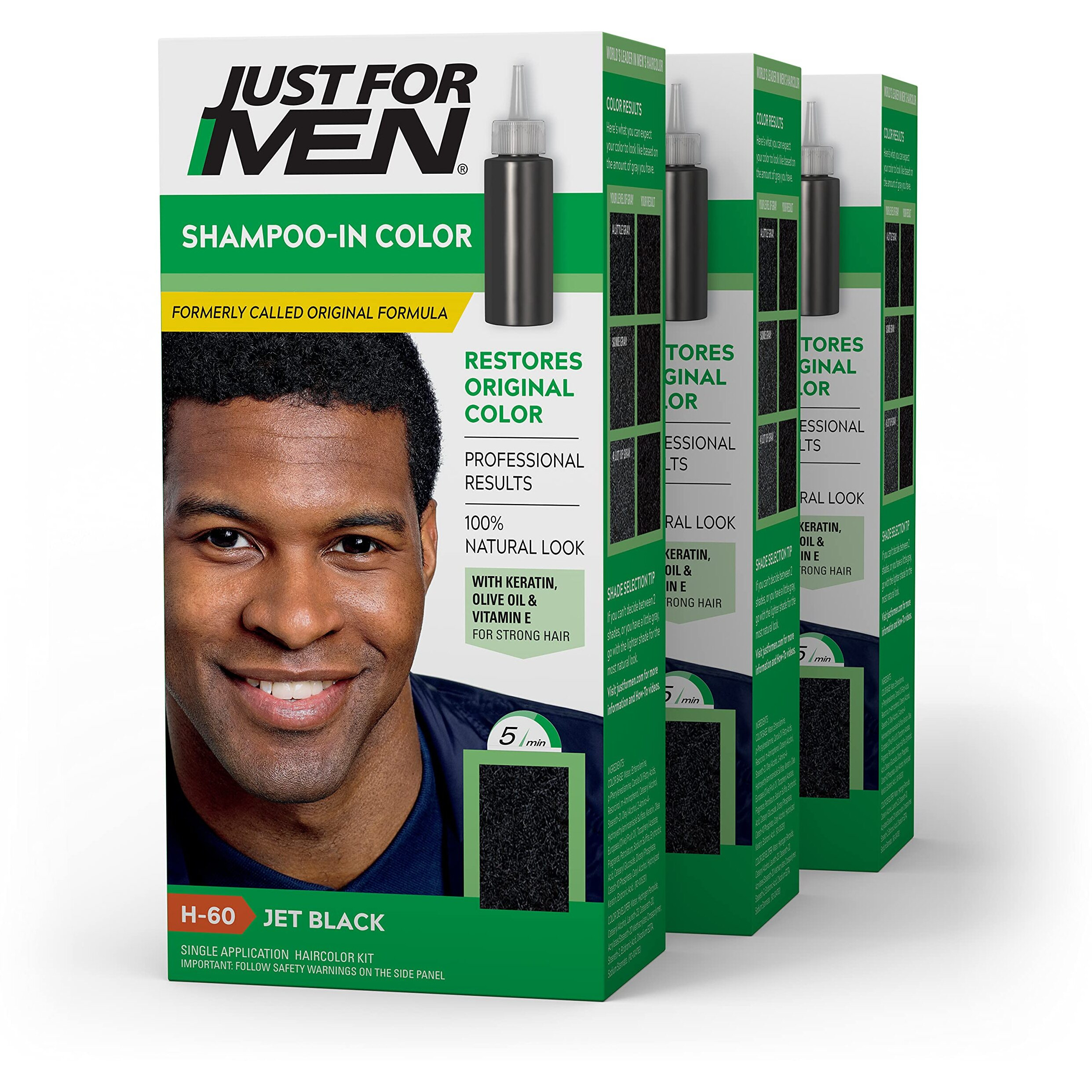 Just For Men Shampoo-In Color (Formerly Original Formula), Mens Hair Color with Keratin and Vitamin E for Stronger Hair - Jet Black , H-60, Pack of 3