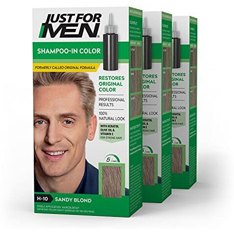 Just For Men Shampoo-In Color (Formerly Original Formula), Mens Hair Color with Keratin and Vitamin E for Stronger Hair - Sandy Blond, H-10, Pack of 3